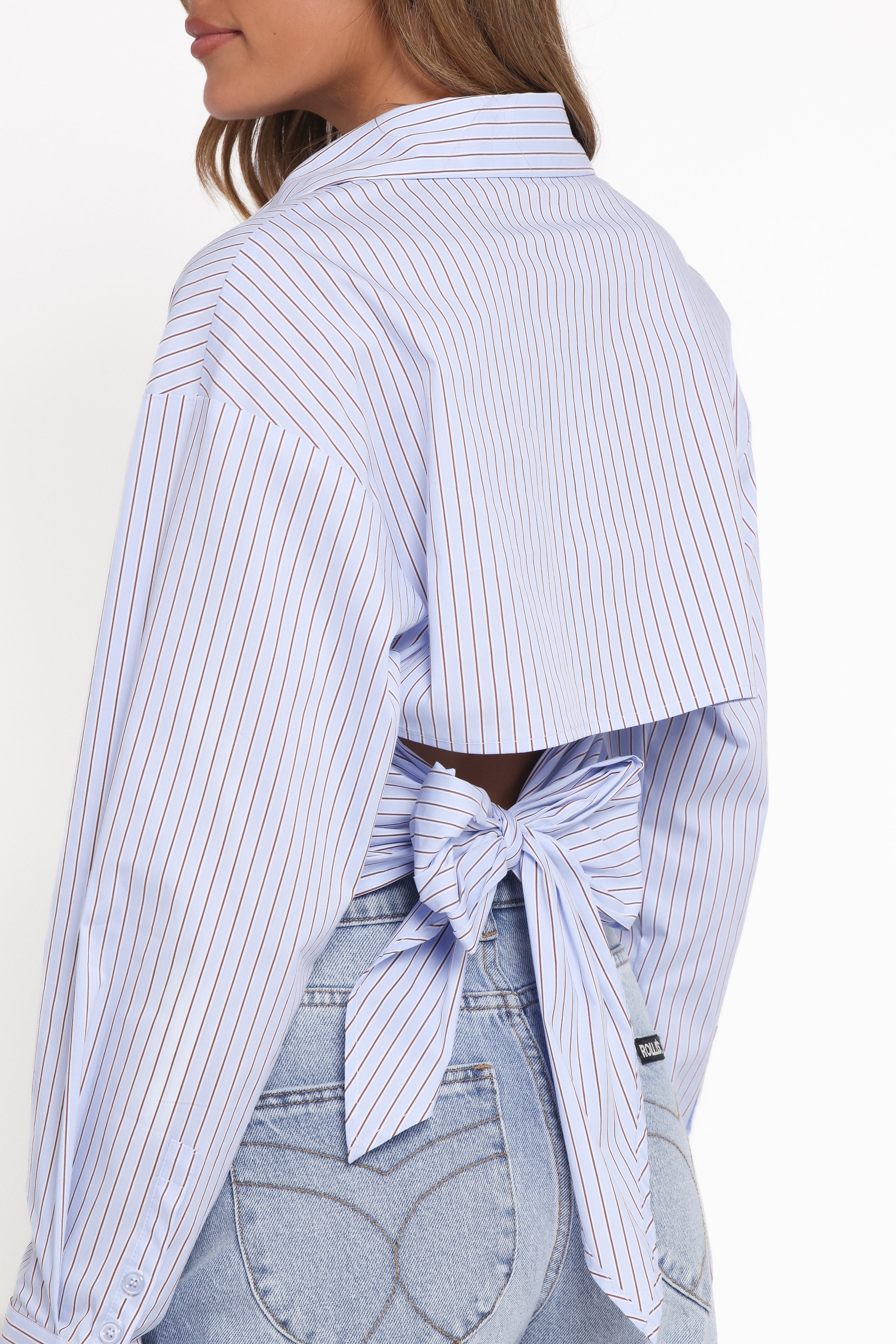 TOPS Vienne Tie Back Button Up Shirt - Blue/Brown Stripe