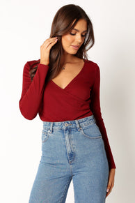 TOPS @Wells Long Sleeve Bodysuit - Dark Red
