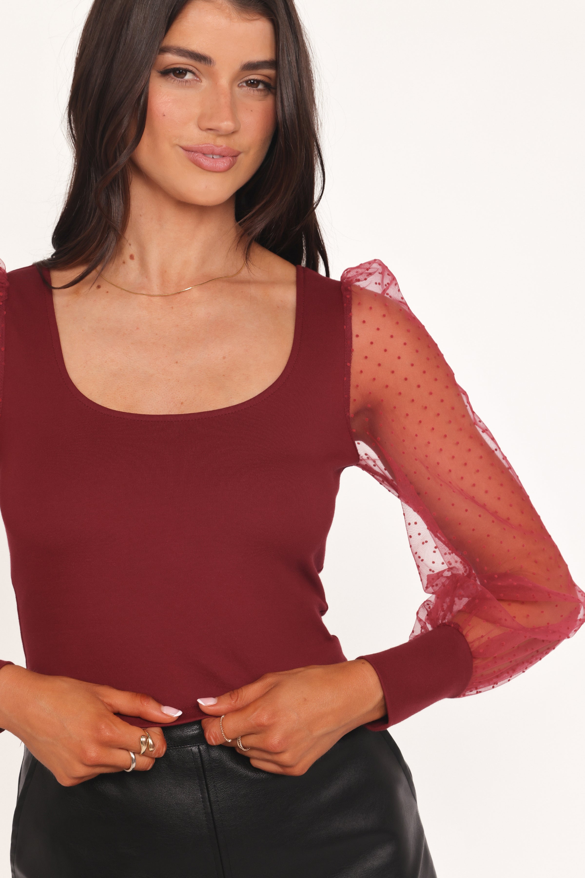TOPS Wesson Sheer Sleeve Top - Merlot