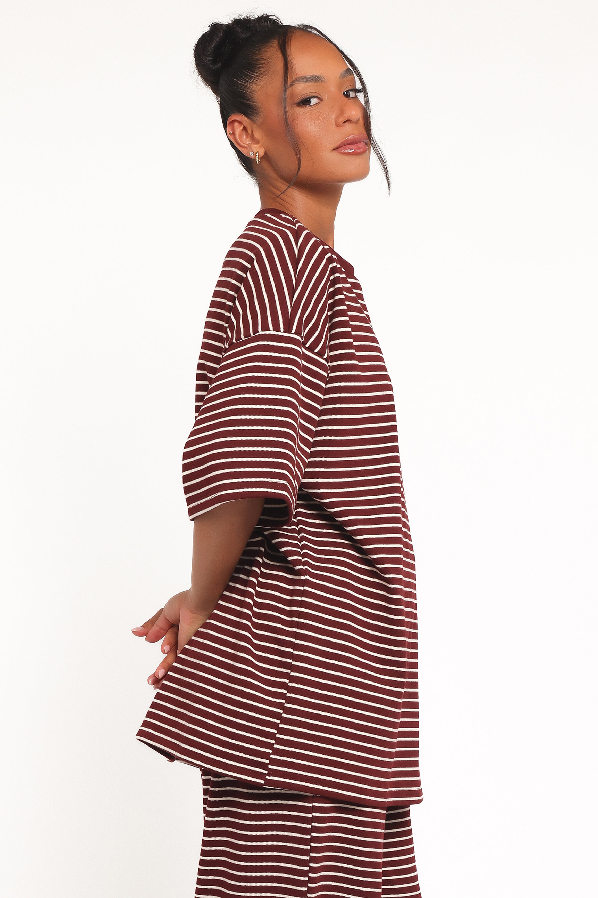 TOPS Wilda Oversized Tee - Burgundy Cream Stripe