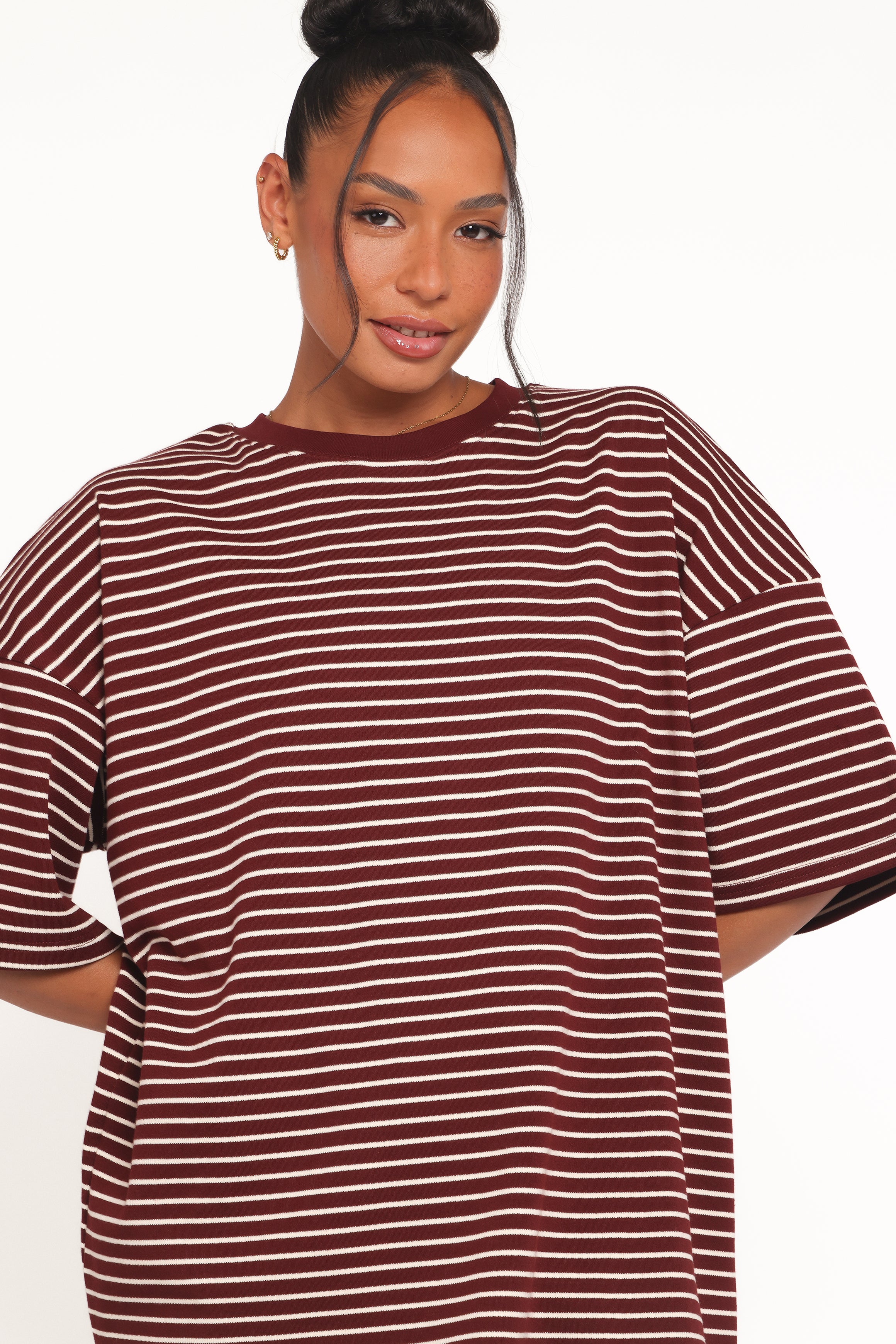 TOPS Wilda Oversized Tee - Burgundy Cream Stripe