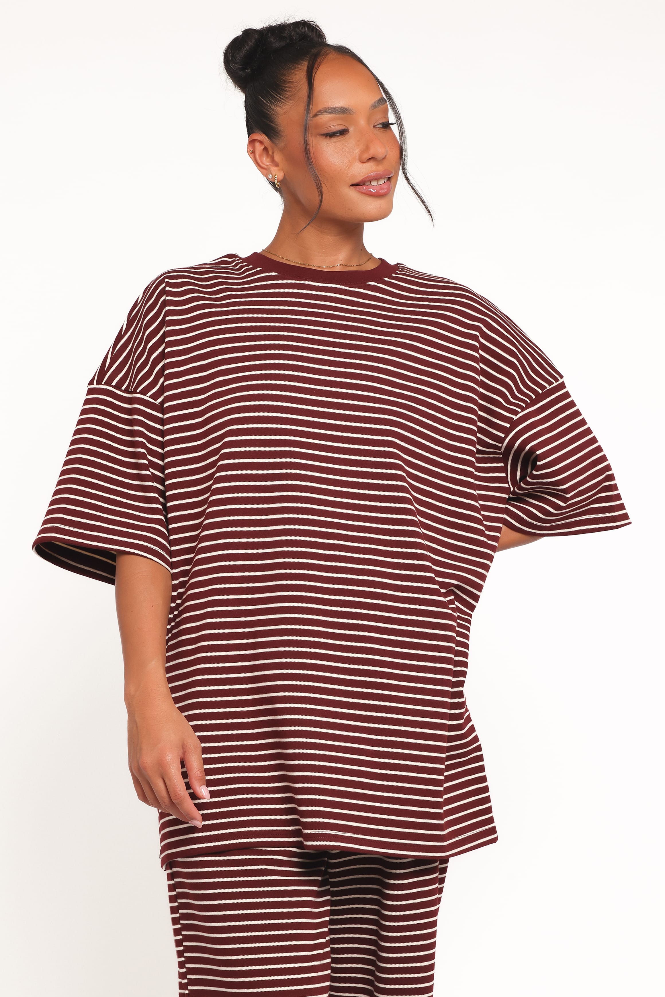 Wilda Oversized Tee - Burgundy Cream Stripe | Petal & Pup