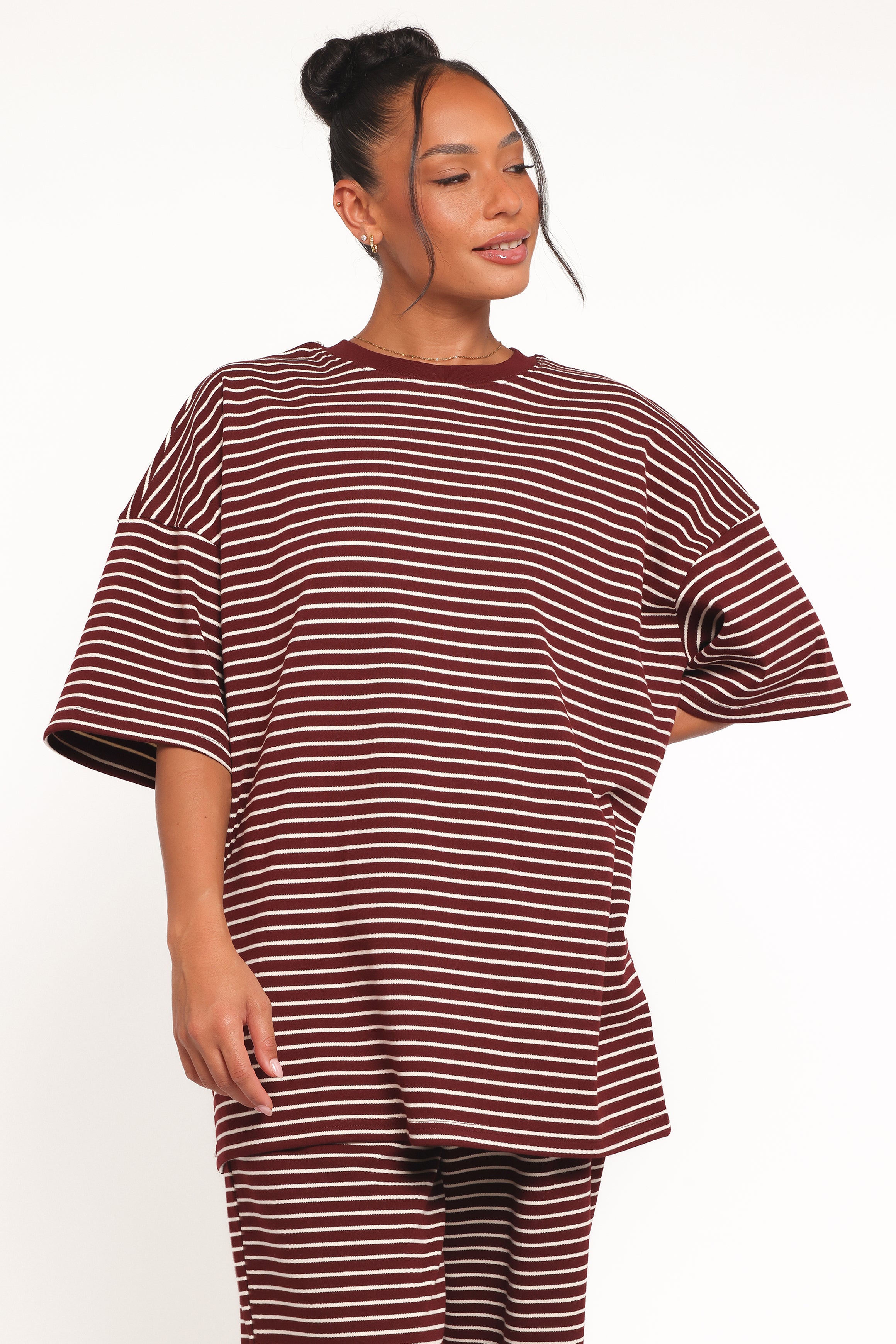 TOPS Wilda Oversized Tee - Burgundy Cream Stripe