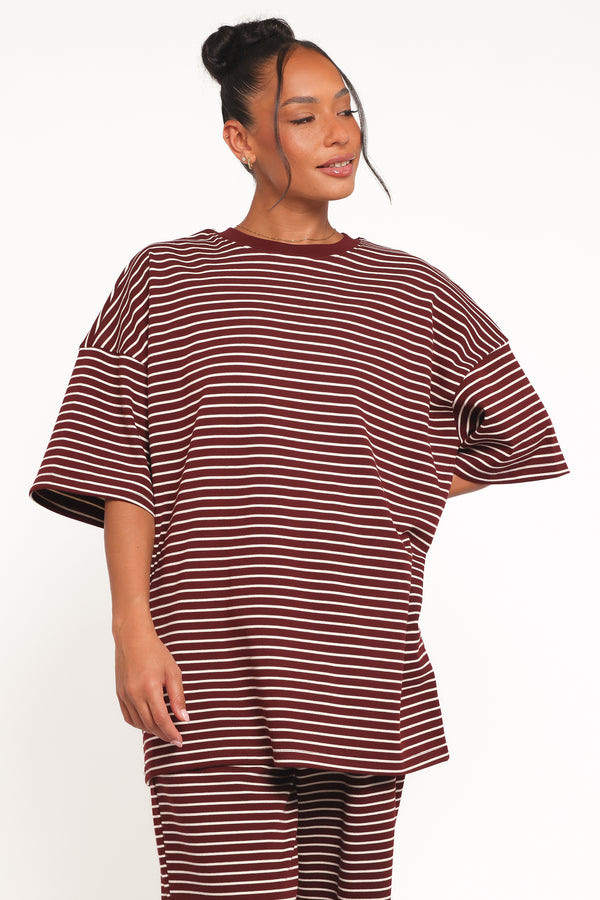 TOPS Wilda Oversized Tee - Burgundy Cream Stripe