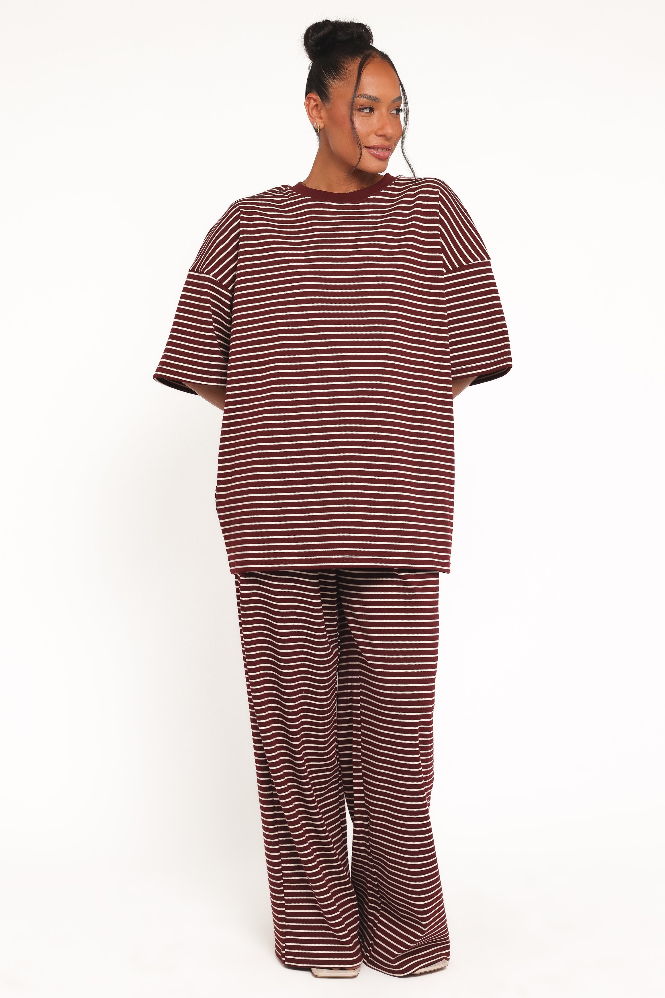 TOPS Wilda Oversized Tee - Burgundy Cream Stripe
