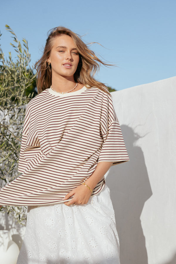 TOPS Wilda Oversized Tee - Cream Tan Stripe