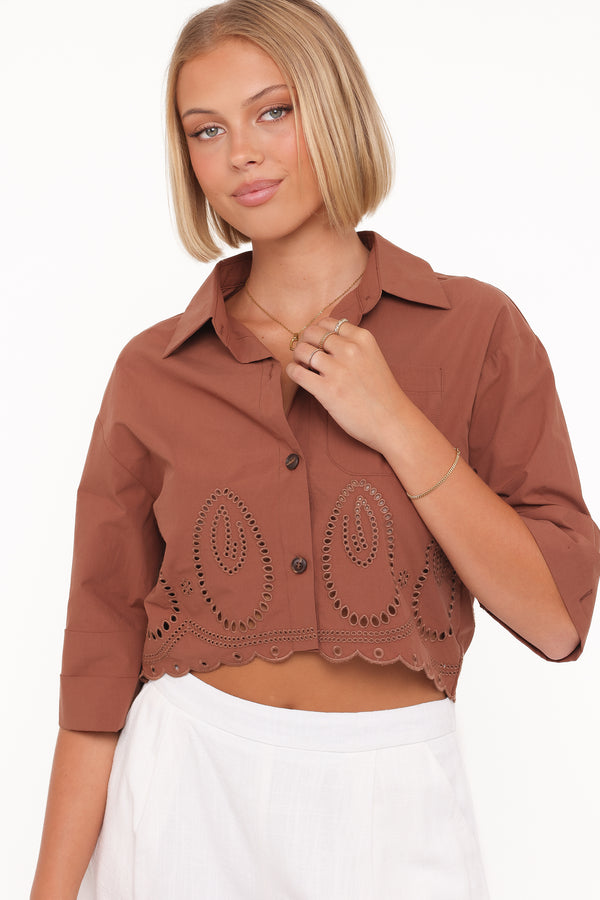 TOPS Williams Cropped Eyelet Button Up Shirt - Brown