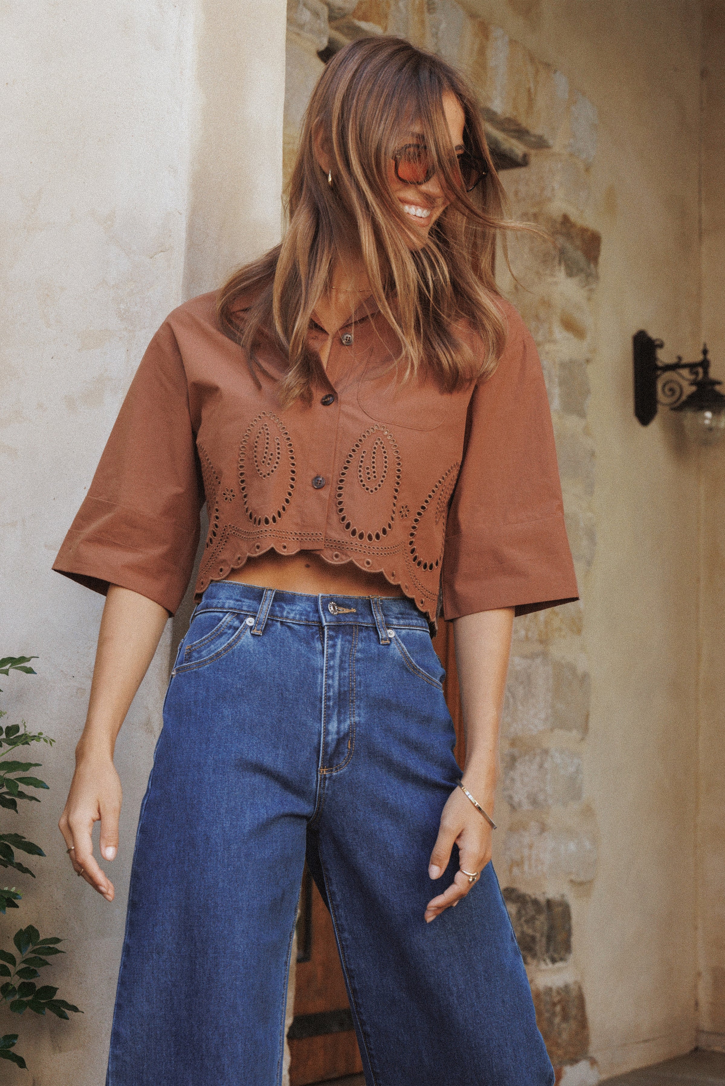 TOPS Williams Cropped Eyelet Button Up Shirt - Brown