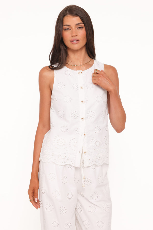 TOPS Winny Button Front Top - White Broderie