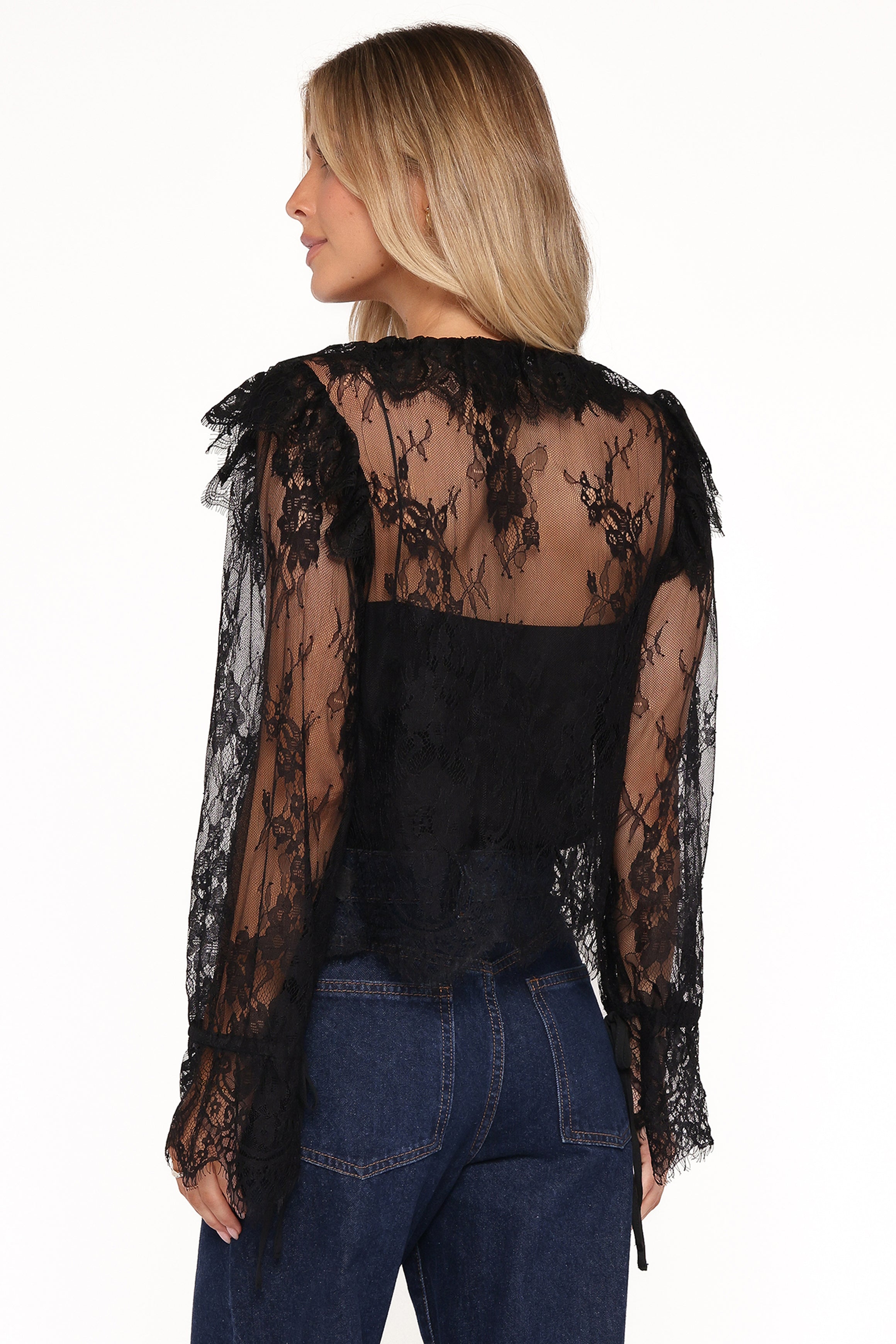 TOPS Yeva Lace Button Up Blouse - Black