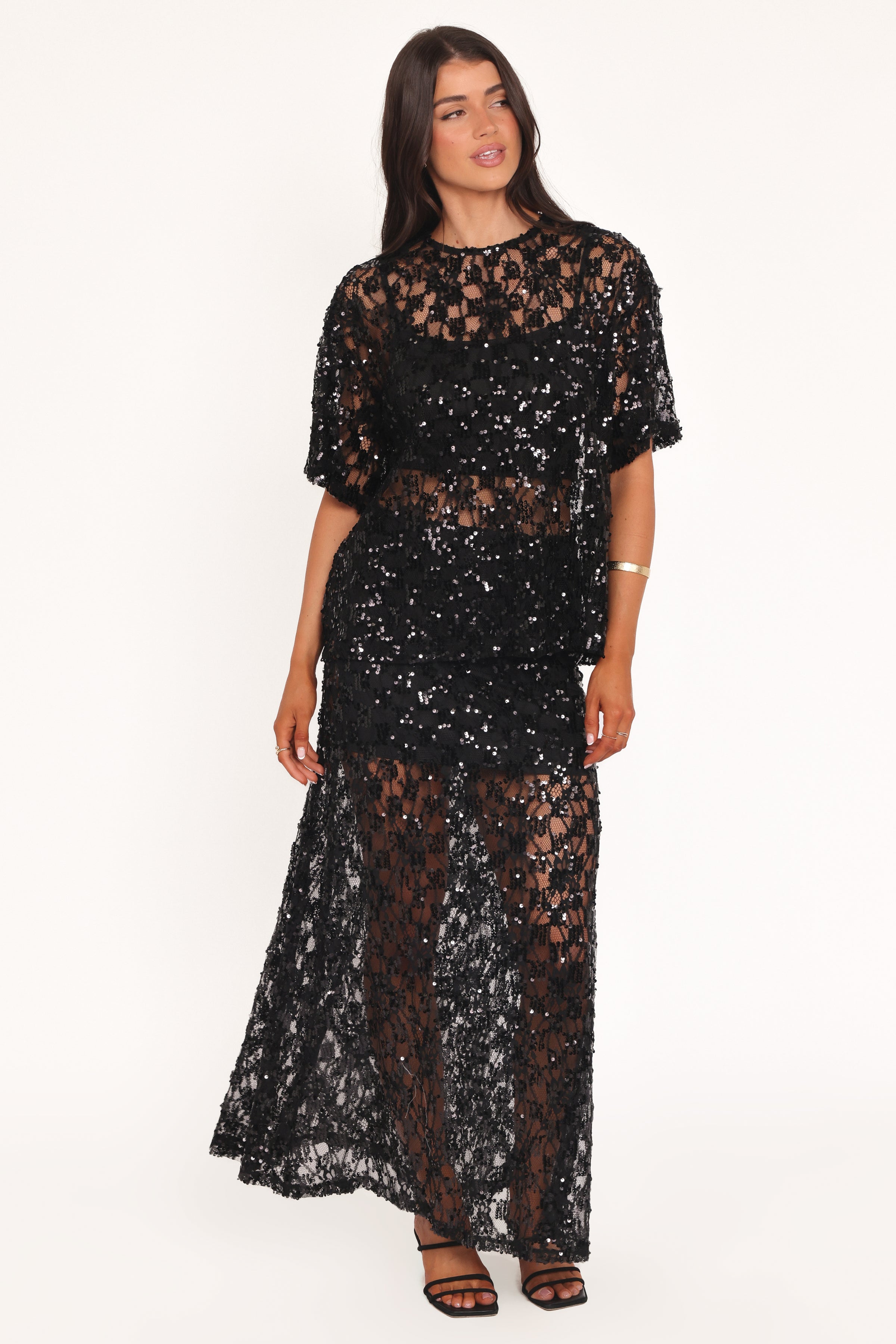 TOPS Yonder Sheer Lace Tee Top - Black