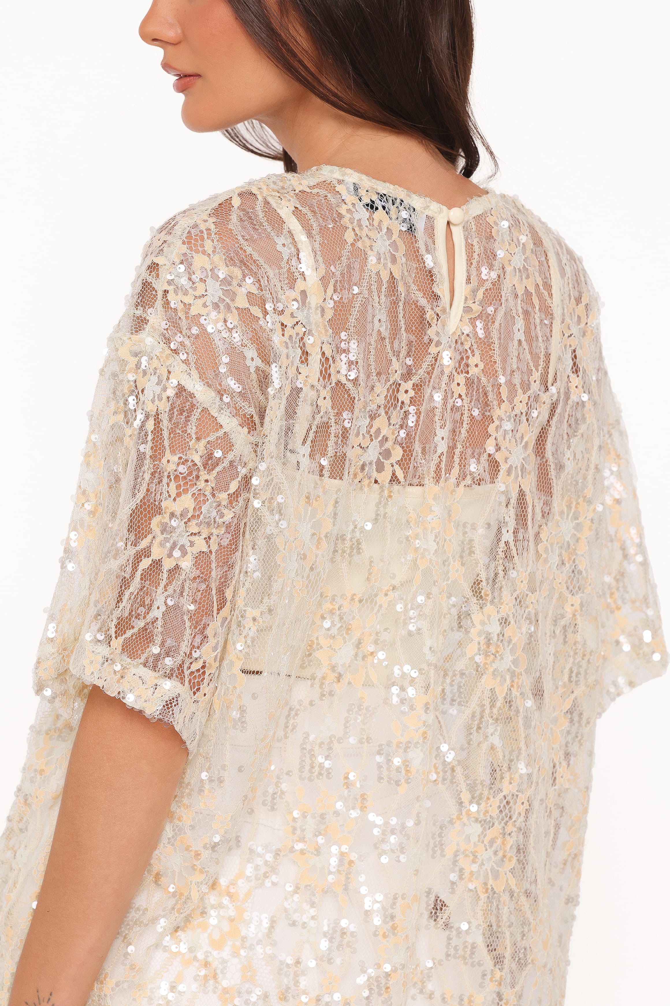 TOPS Yonder Sheer Lace Tee Top - Pale Yellow