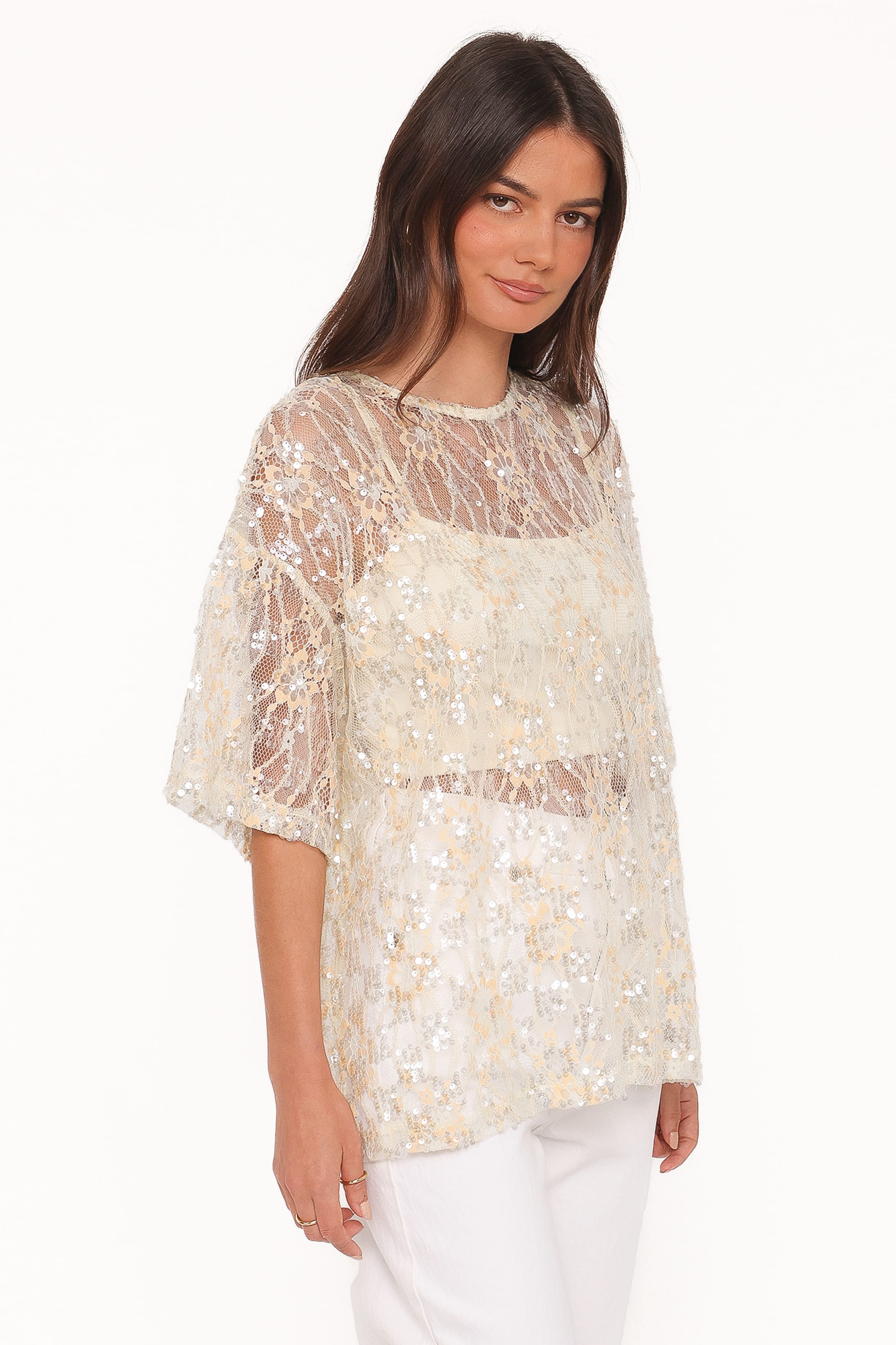 TOPS Yonder Sheer Lace Tee Top - Pale Yellow