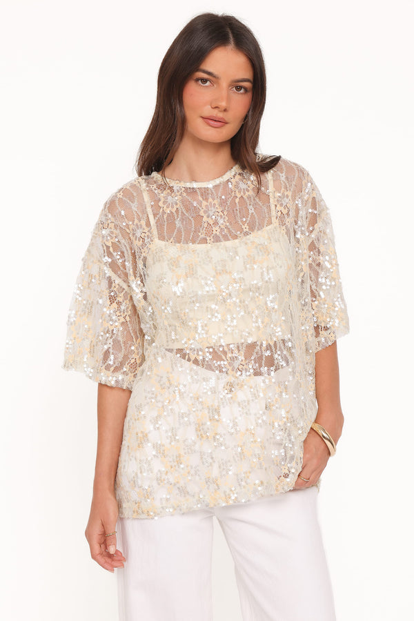 TOPS Yonder Sheer Lace Tee Top - Pale Yellow