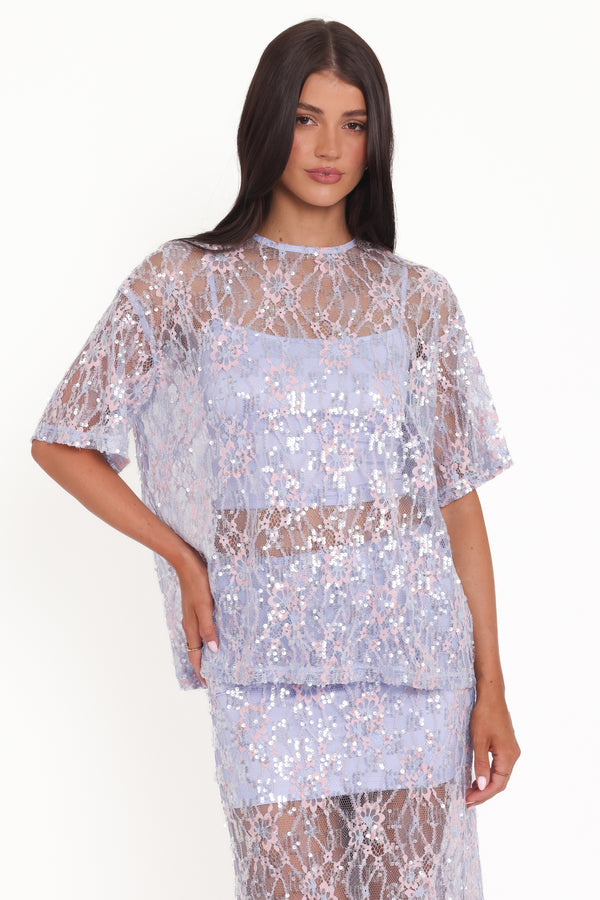 TOPS @Yonder Sheer Lace Tee Top - Purple