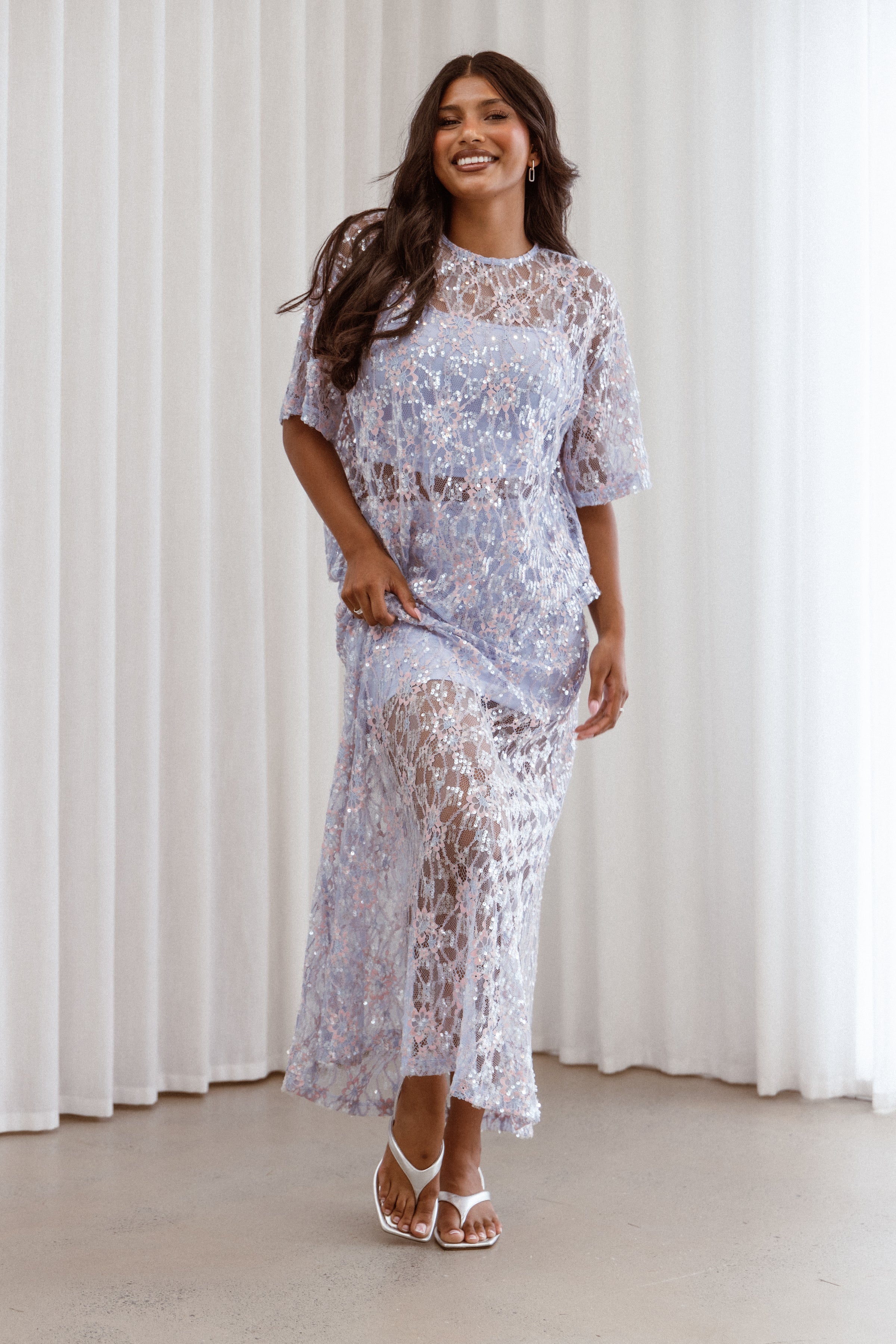 TOPS Yonder Sheer Lace Tee Top - Purple