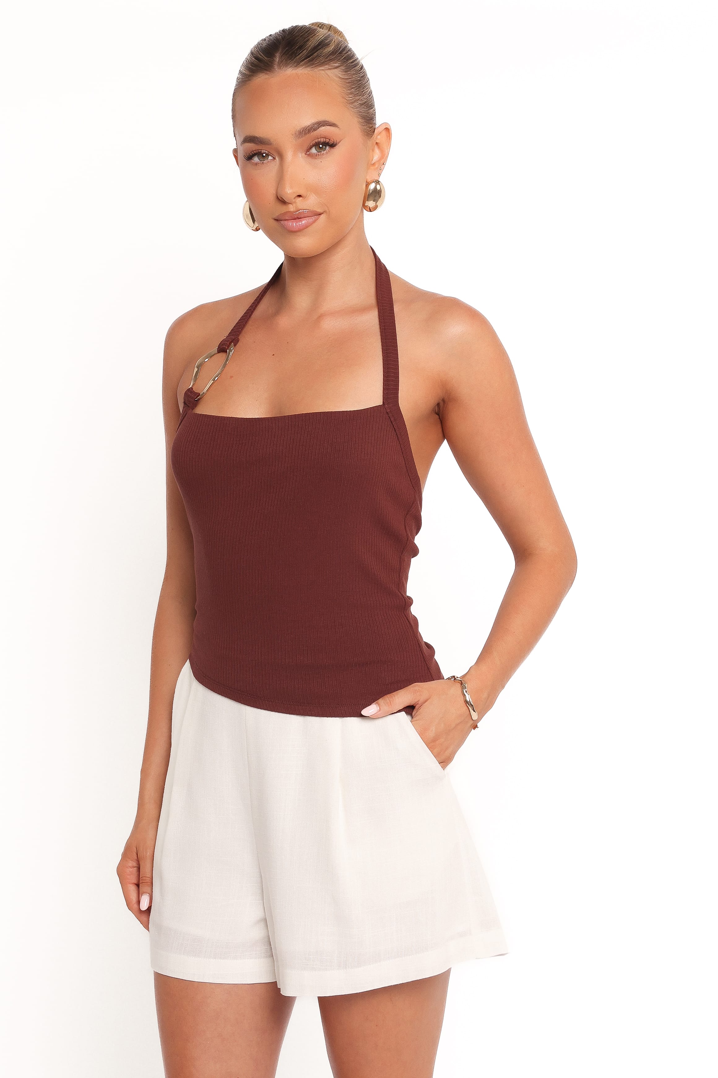 TOPS Yulissa Halter Knit Top - Chocolate Brown
