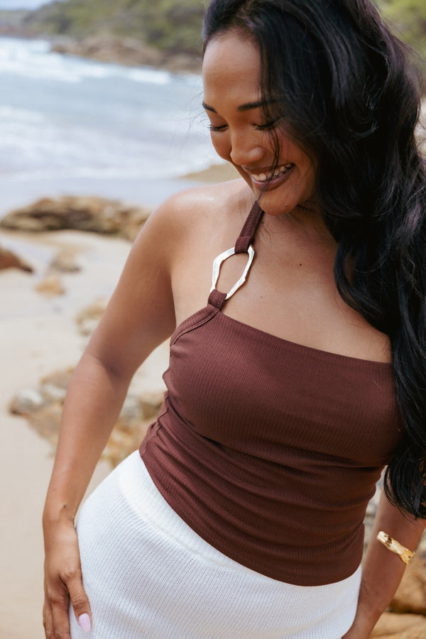 TOPS Yulissa Halter Knit Top - Chocolate Brown