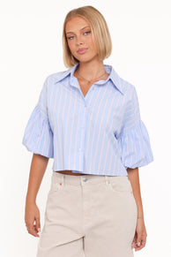 TOPS Zella Puff Sleeve Button Up Shirt - Blue White Stripe