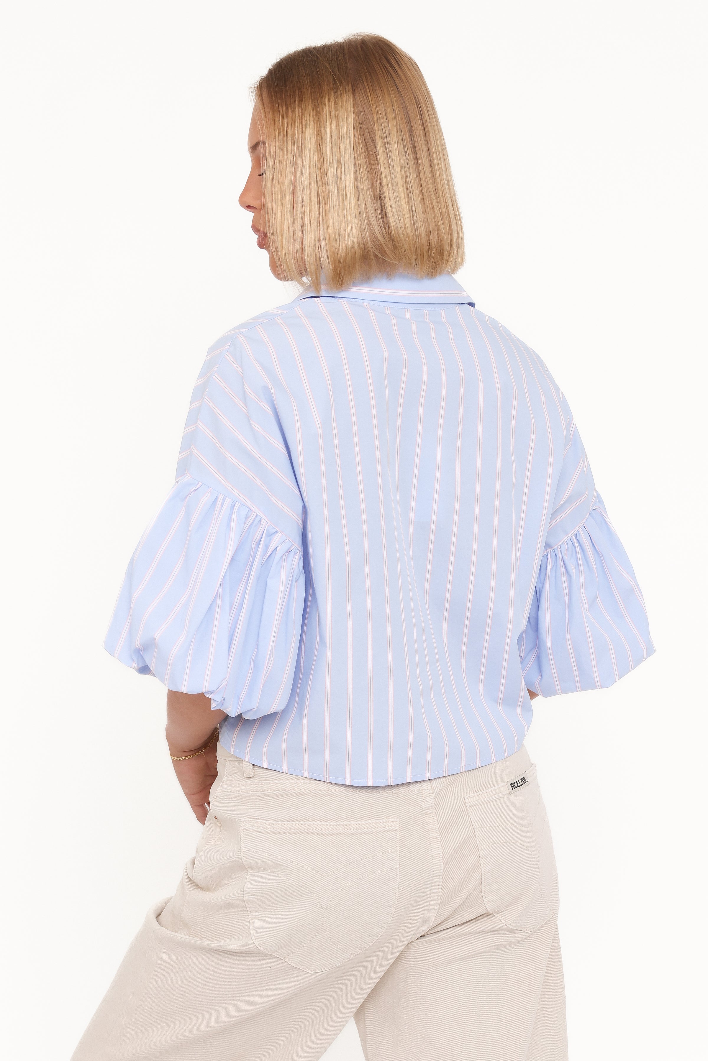 TOPS Zella Puff Sleeve Button Up Shirt - Blue White Stripe