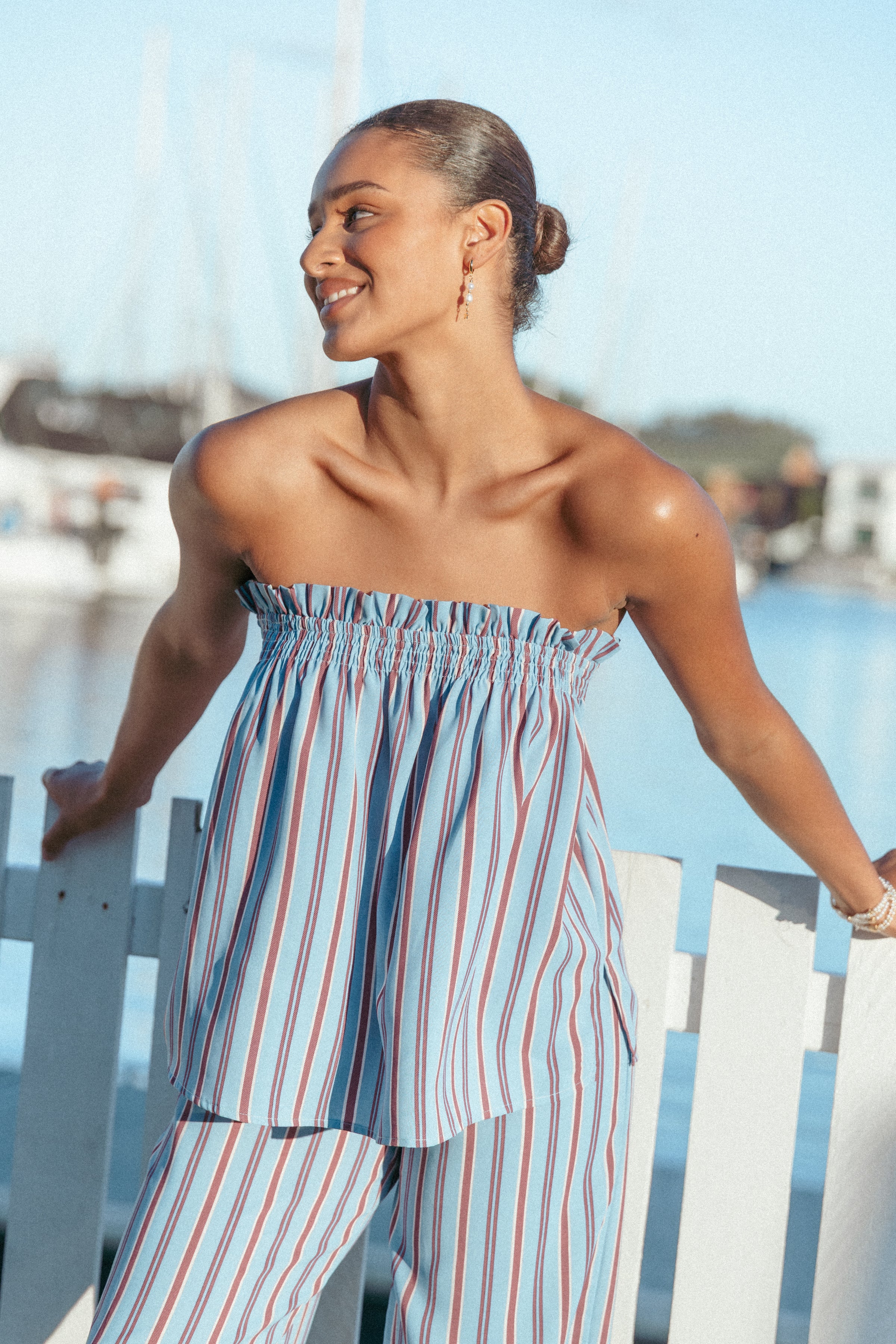 TOPS Zemira Strapless Top - Blue Stripe