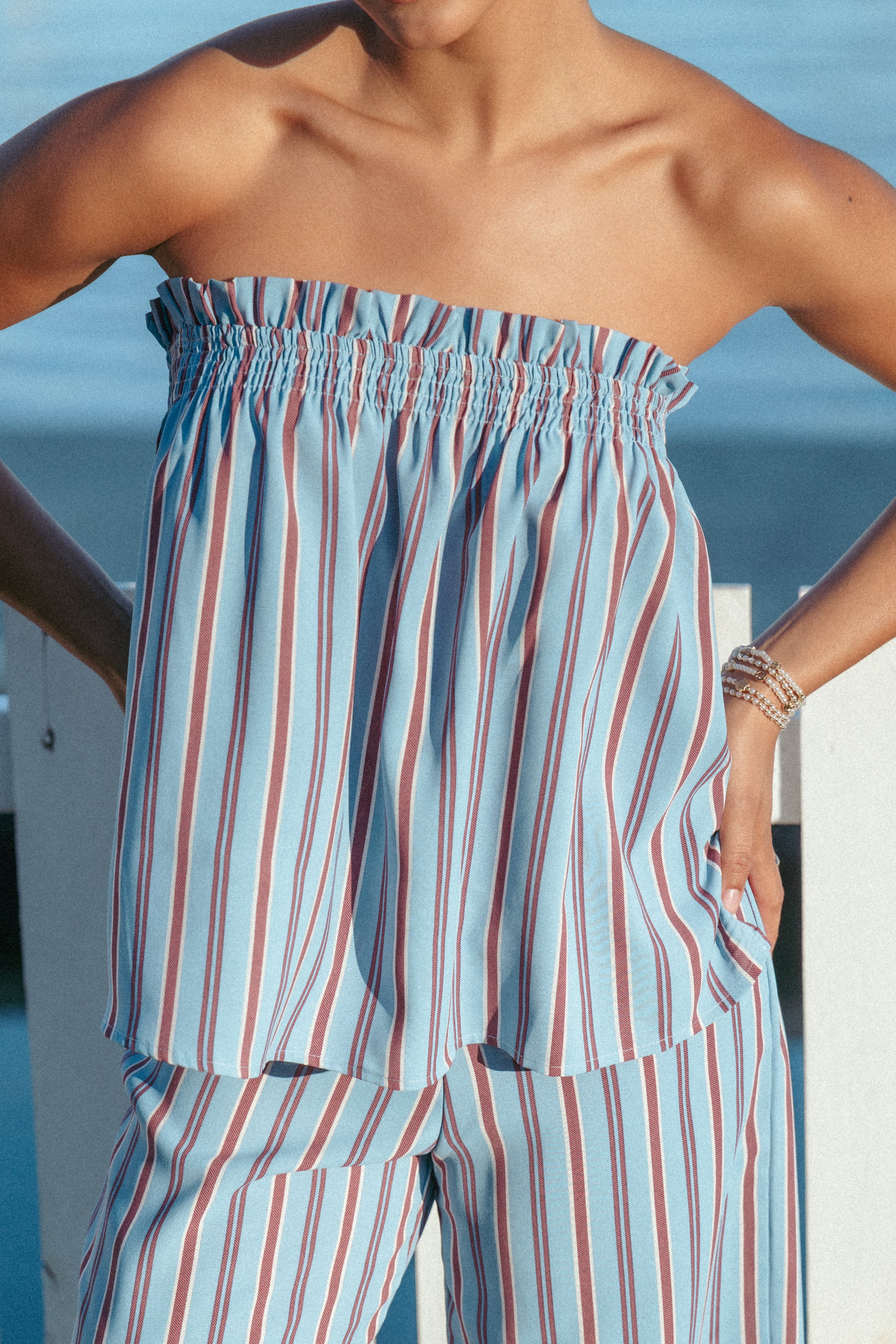 TOPS Zemira Strapless Top - Blue Stripe