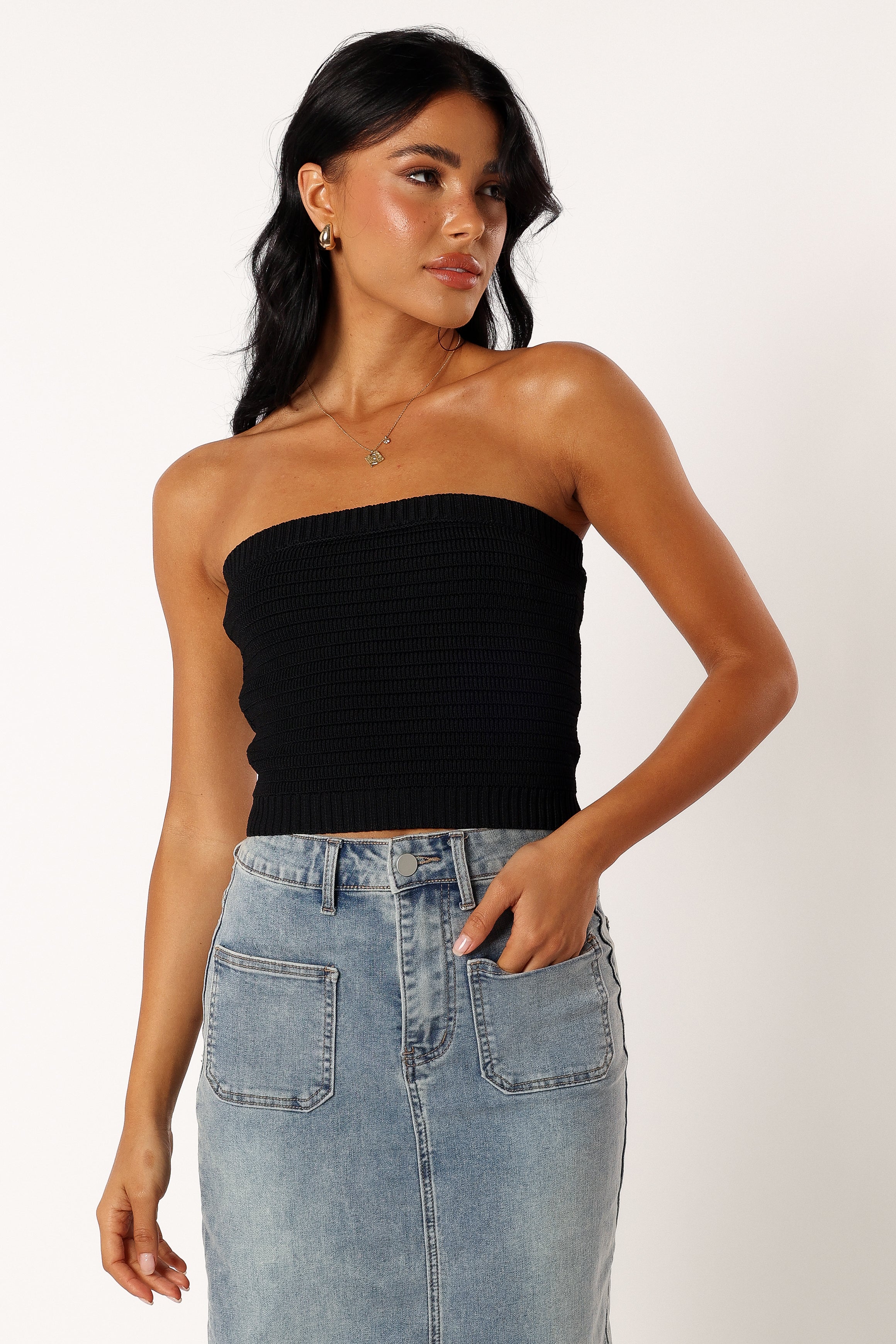 TOPS @Zia Strapless Knit Top - Black