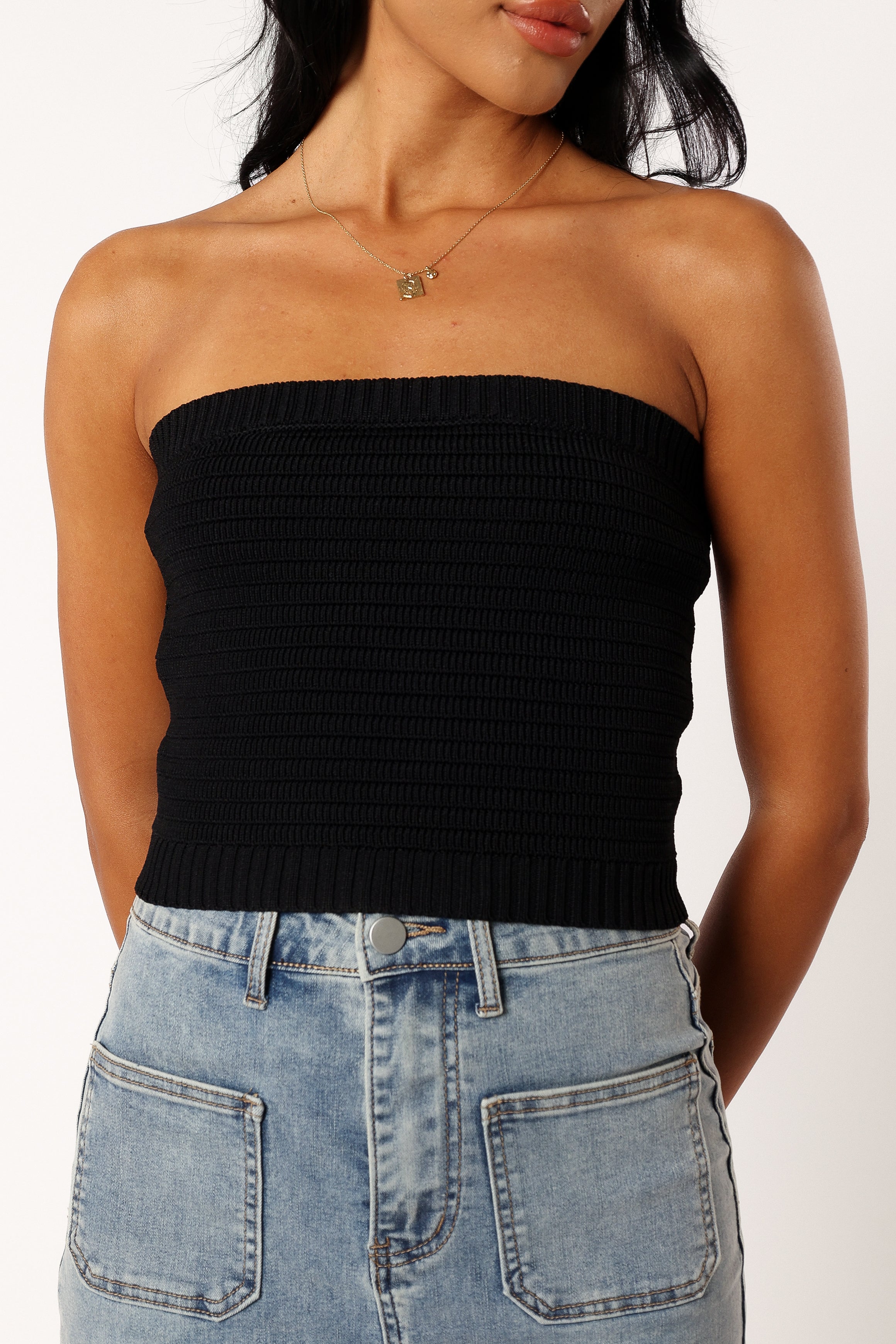 TOPS @Zia Strapless Knit Top - Black