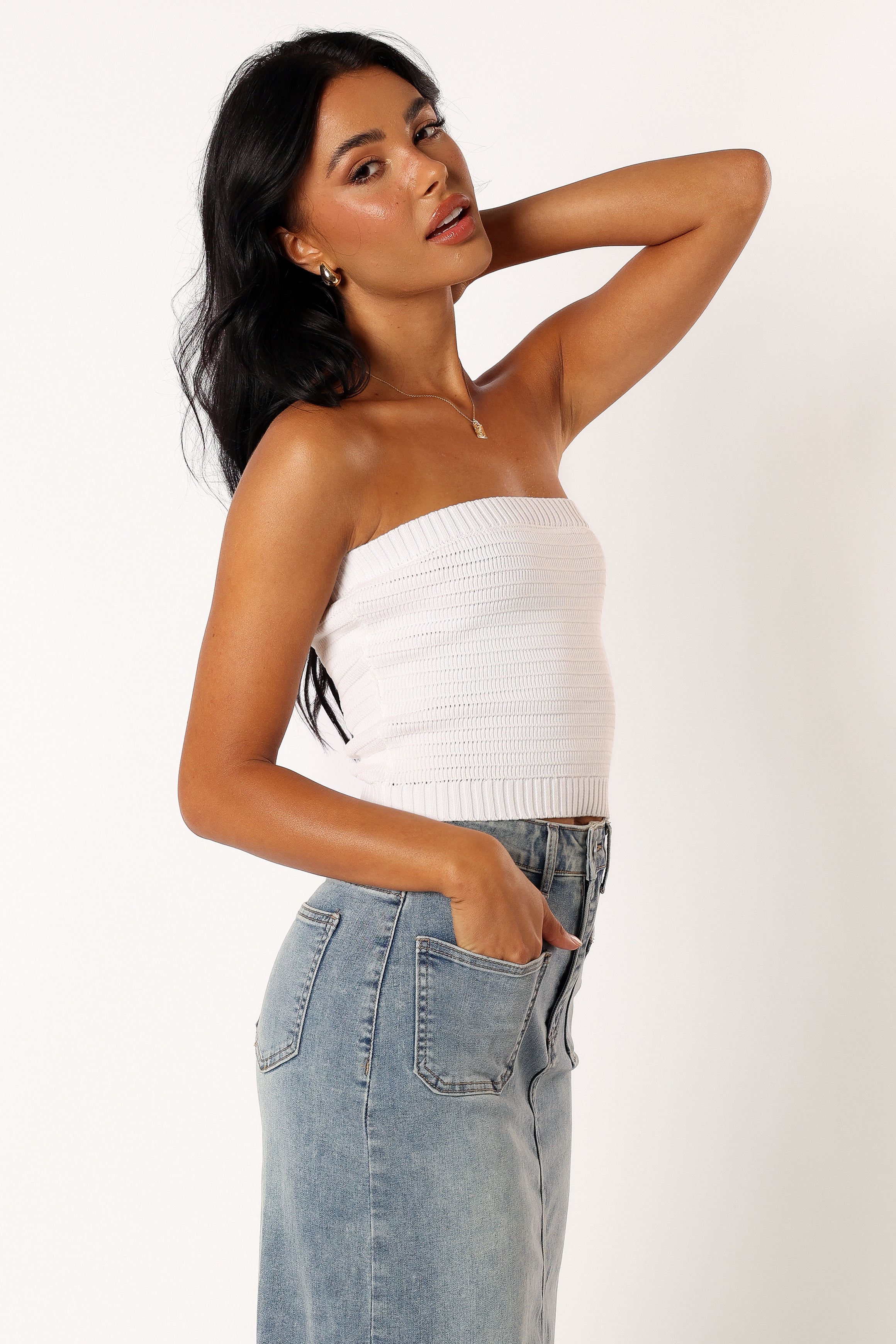 TOPS @Zia Strapless Knit Top - White