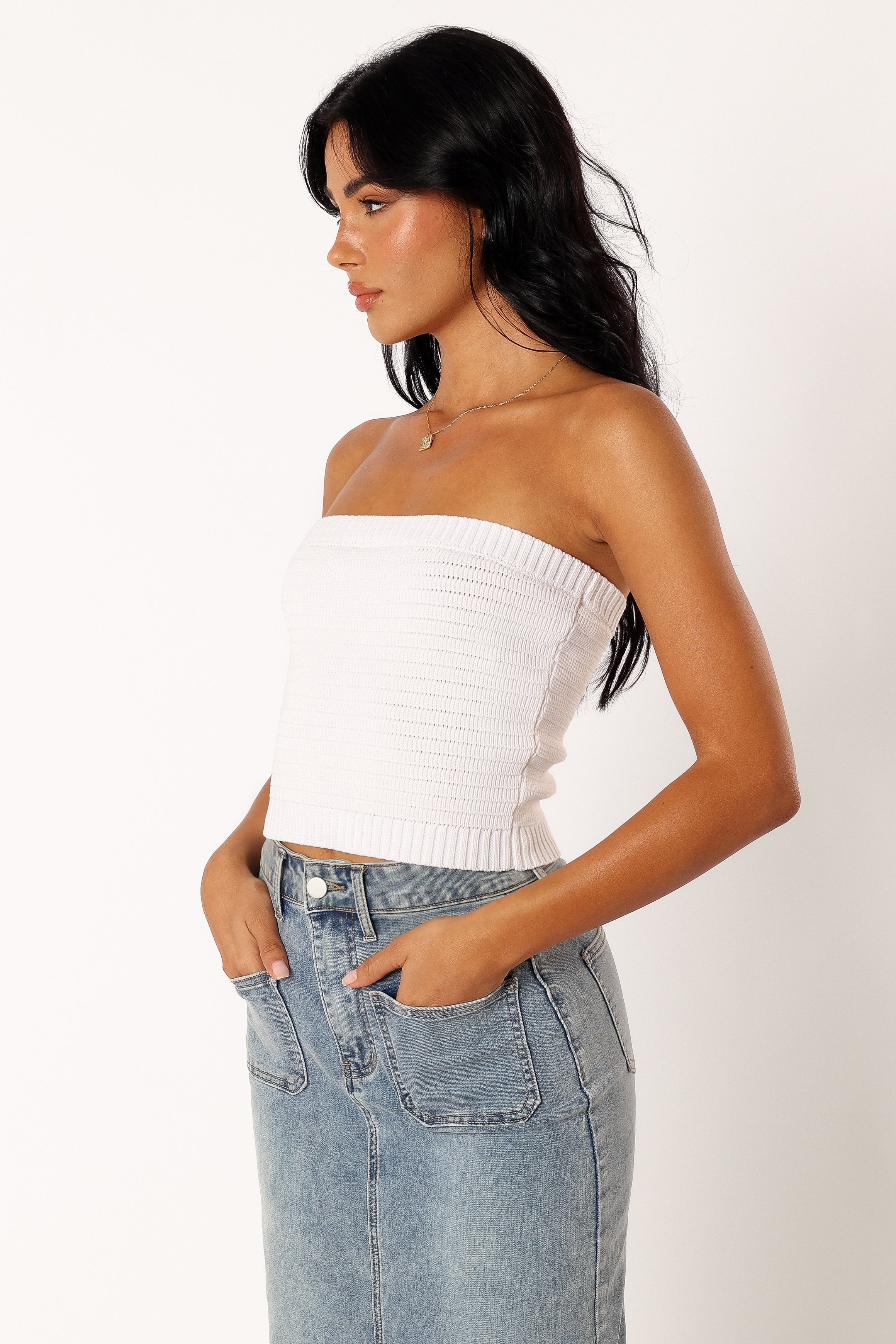 TOPS @Zia Strapless Knit Top - White