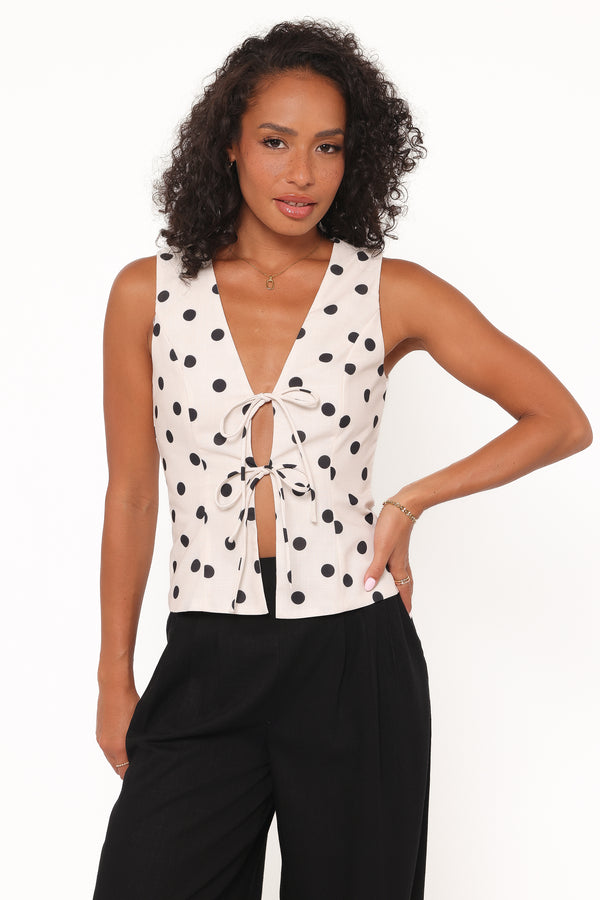 TOPS Zoie Tie Front Vest - Cream Polka Dot