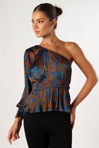 TOPS @Zora One Shoulder Top - Teal/Mustard