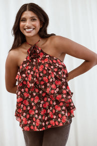 TOPS Zorina Halter Neck Chiffon Top - Brown Floral