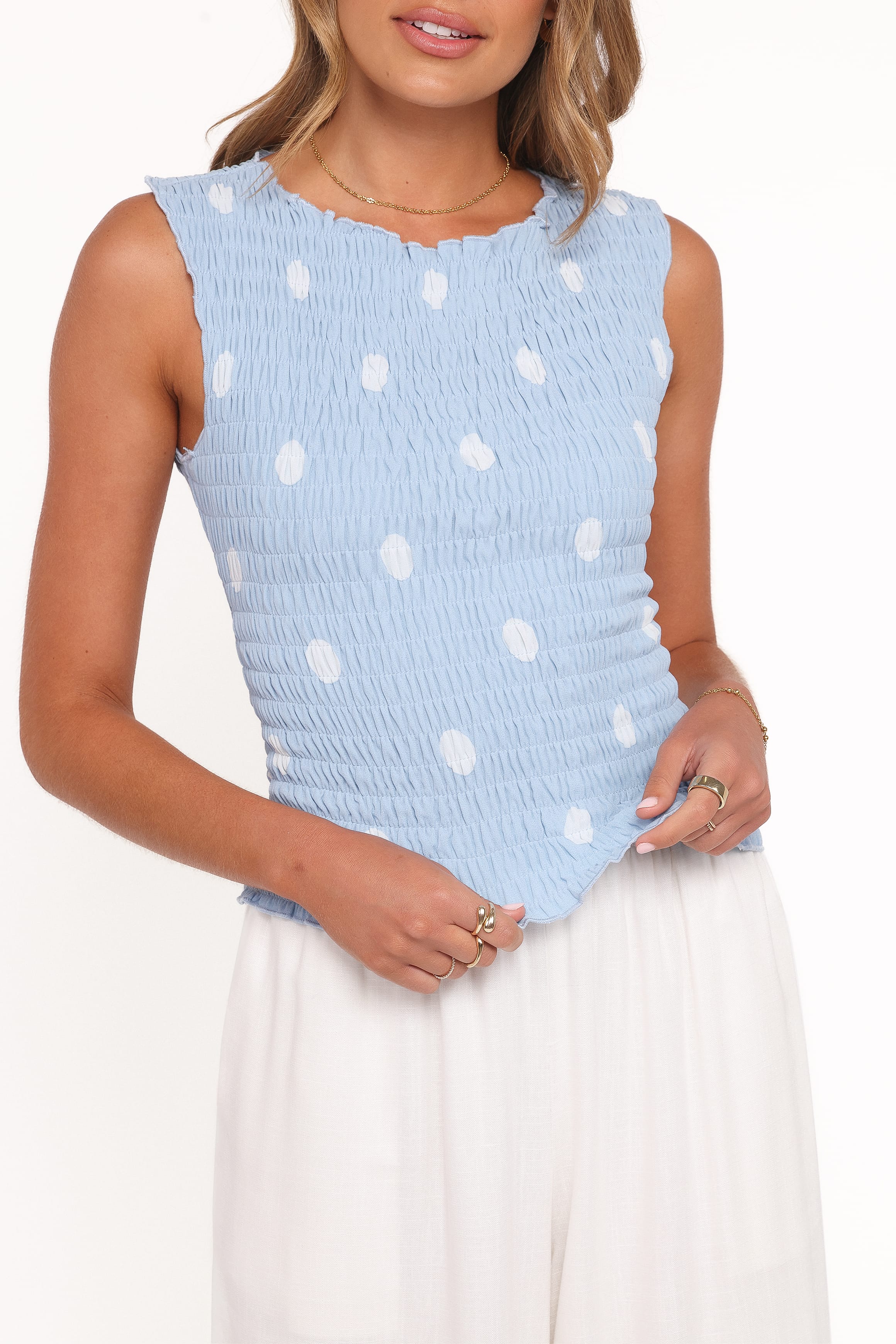 TOPS Zoya Shirred Top - Blue Polkadot