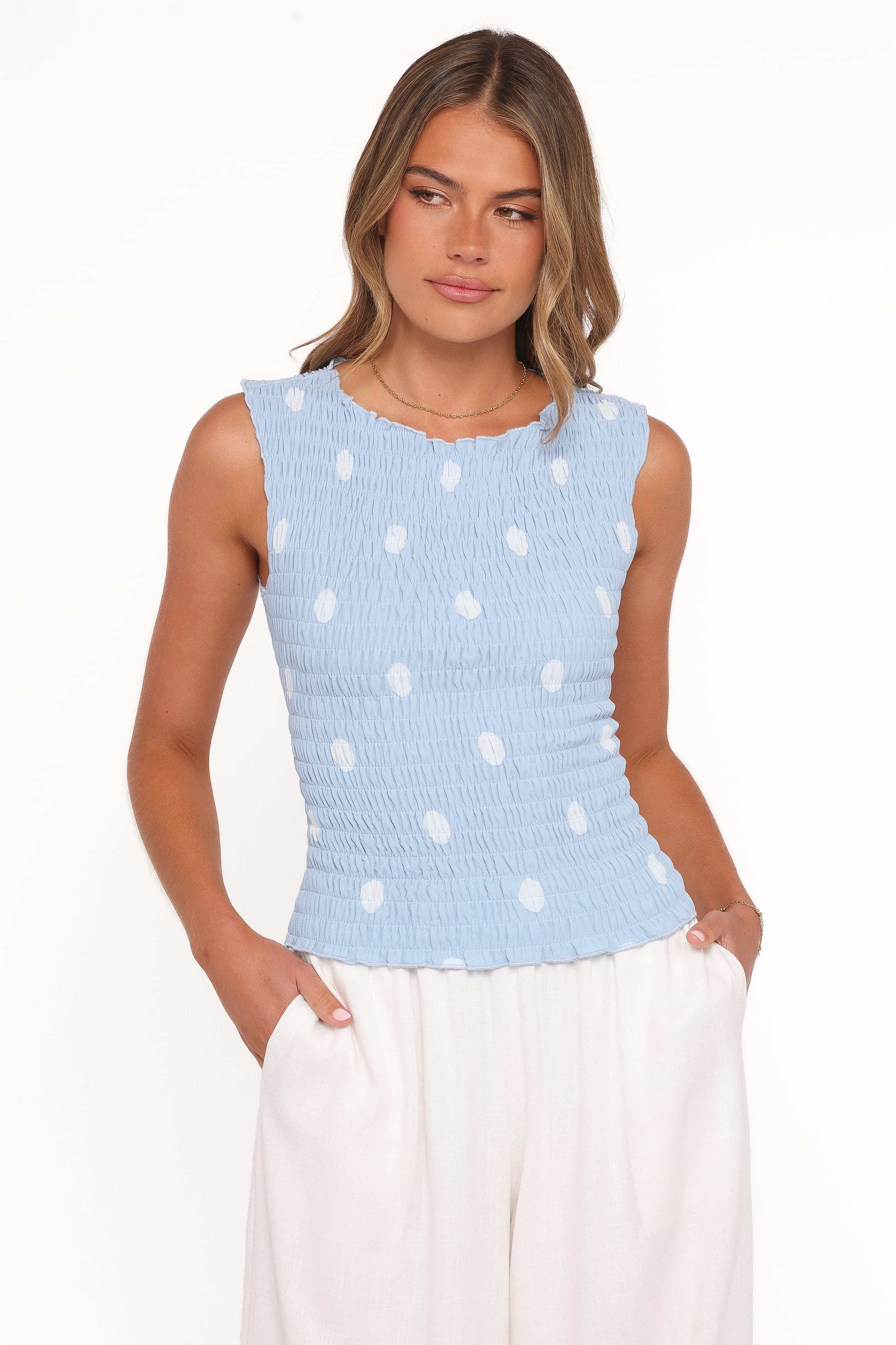 TOPS Zoya Shirred Top - Blue Polkadot