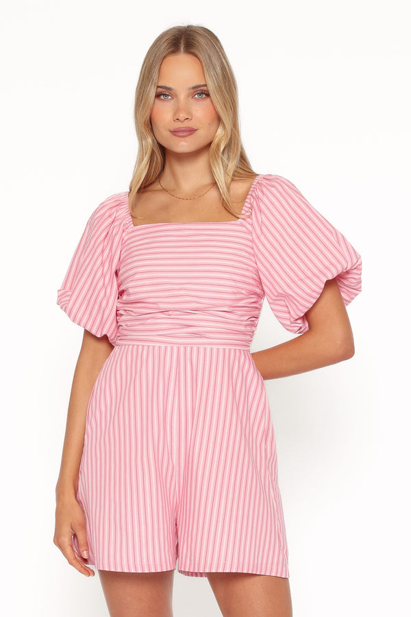 PLAYSUITS Clo Puff Sleeve Playsuit - Pink Stripe