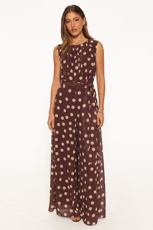 PLAYSUITS Collene Tie Waist Jumpsuit - Brown Polka Dot