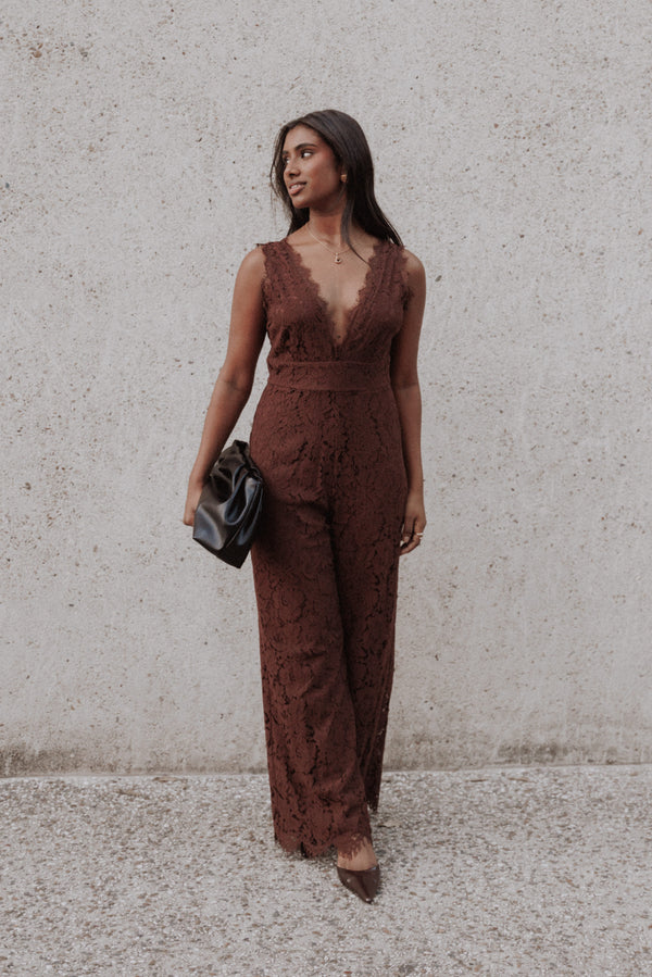 PLAYSUITS Eloise Lace Jumpsuit - Chocolate Brown