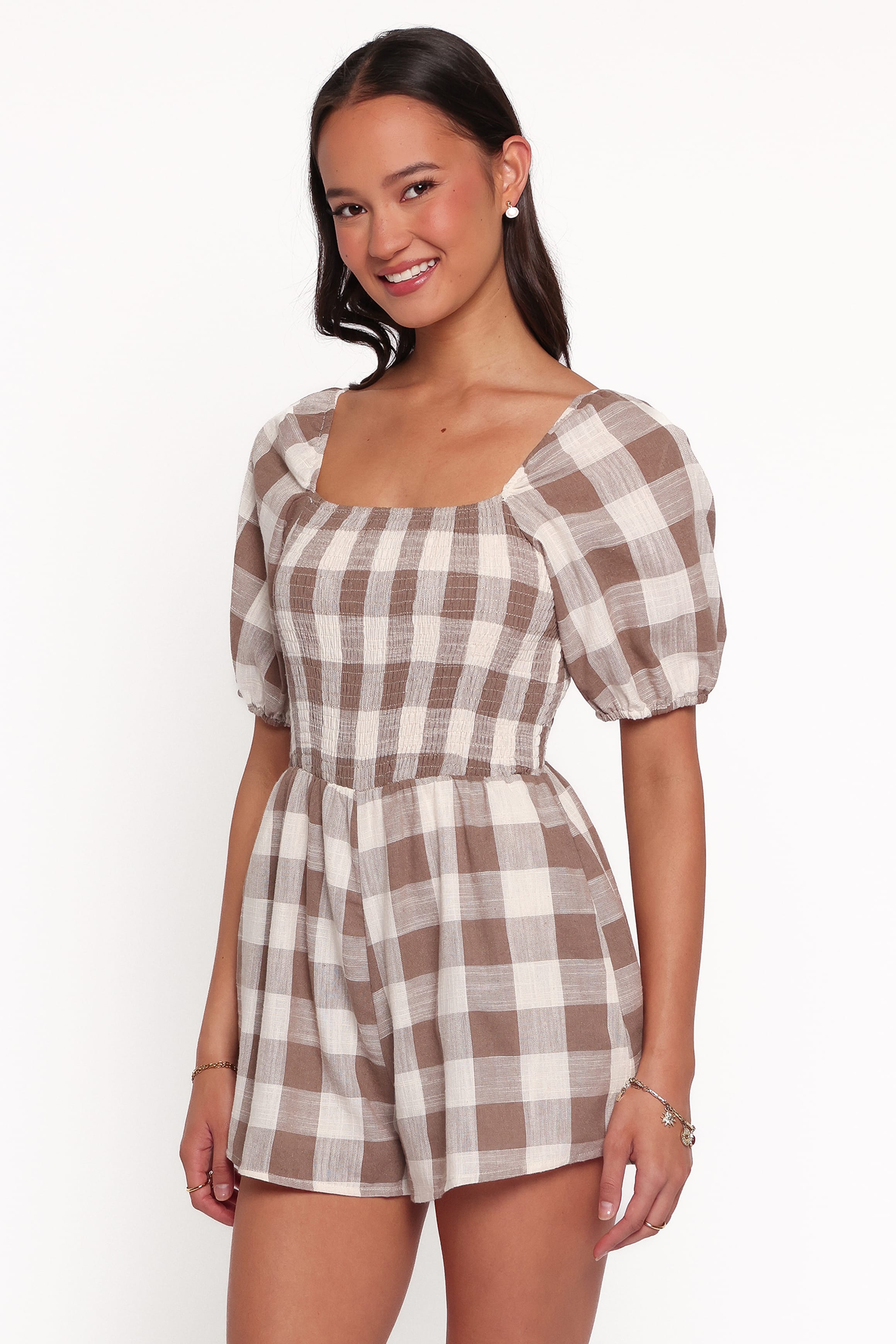 PLAYSUITS Evie Puff Sleeve Playsuit - Brown Gingham