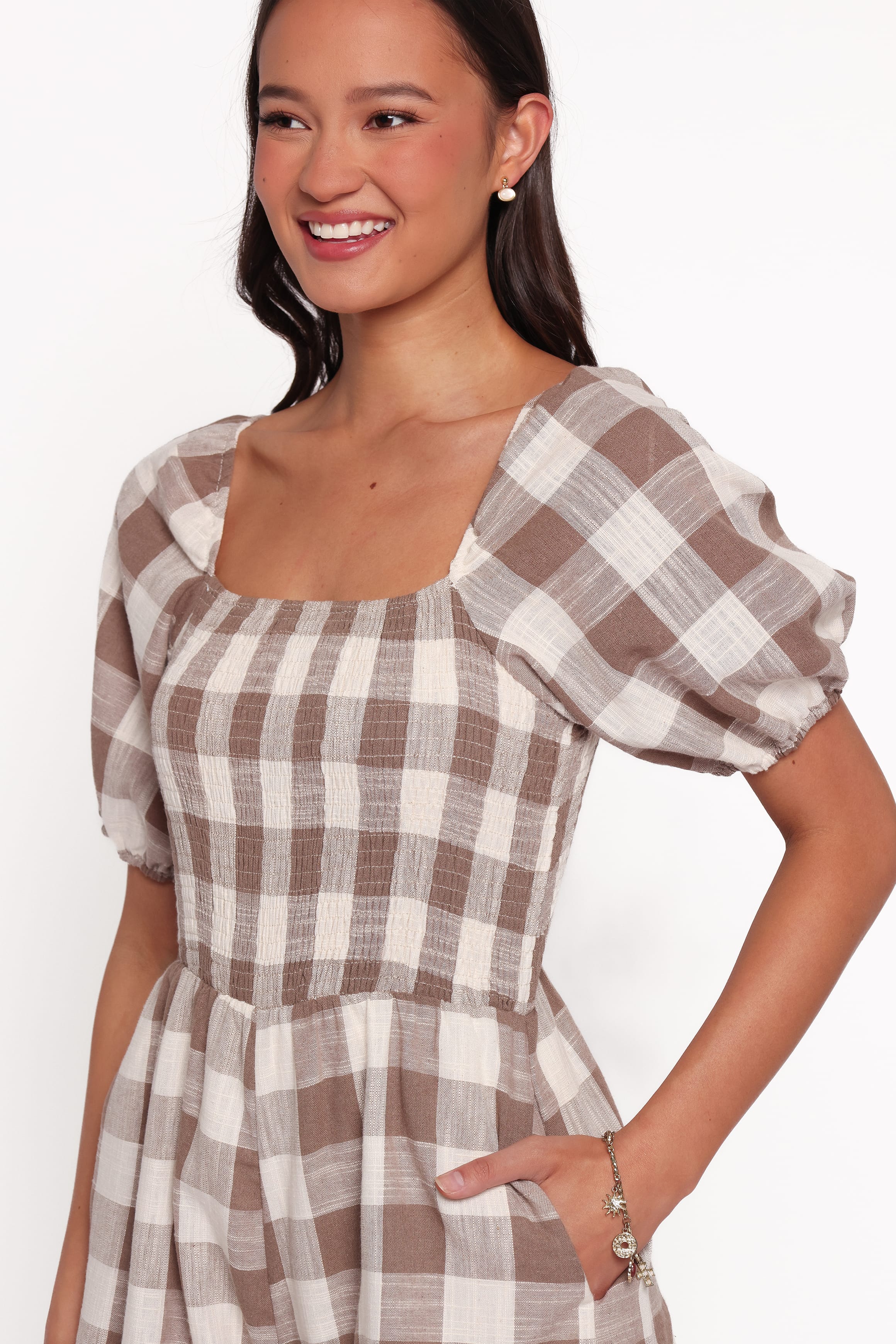 PLAYSUITS Evie Puff Sleeve Playsuit - Brown Gingham