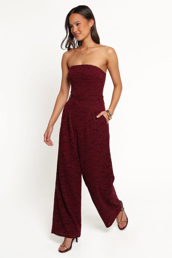 PLAYSUITS Harlie Strapless Lace Jumpsuit - Burgundy