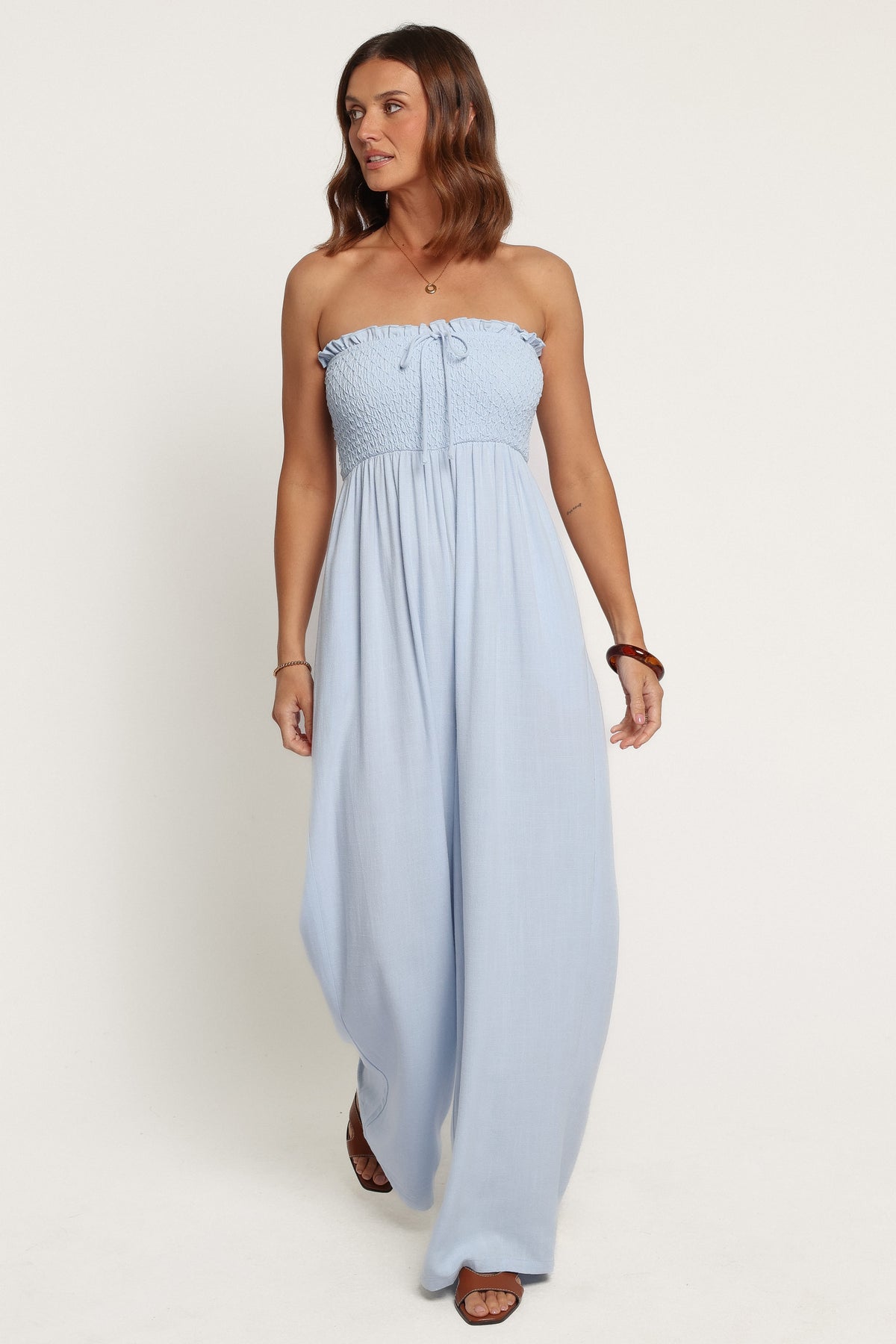 PLAYSUITS Indie Wide Leg Smocked Jumpsuit - Light Blue