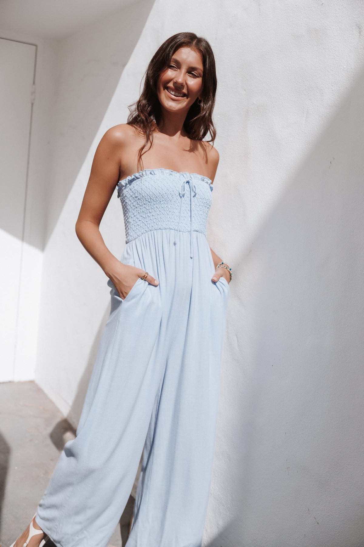 PLAYSUITS Indie Wide Leg Smocked Jumpsuit - Light Blue