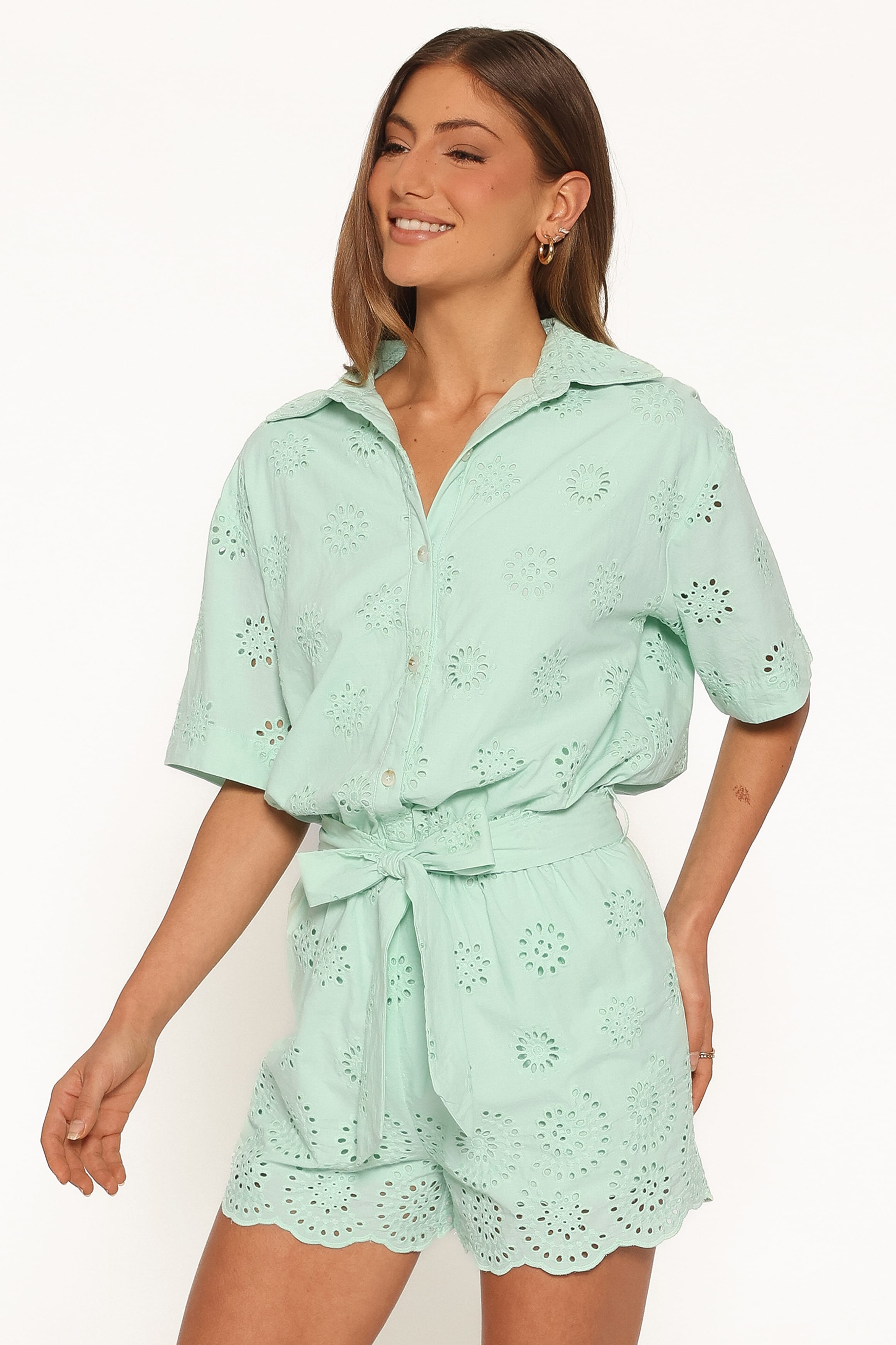 PLAYSUITS Jamie Tie Front Playsuit - Mint Broderie