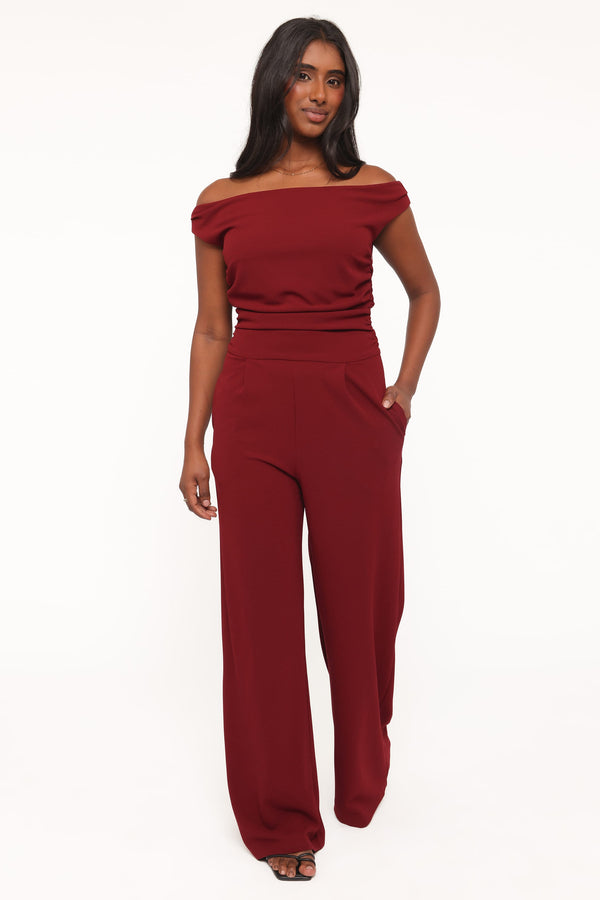 PLAYSUITS Kassidy Off Shoulder Jumpsuit - Burgundy