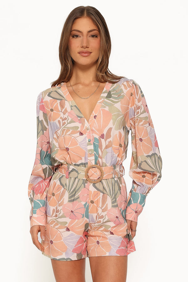 PLAYSUITS Louisa Balloon Sleeve Playsuit - Retro Orange Floral