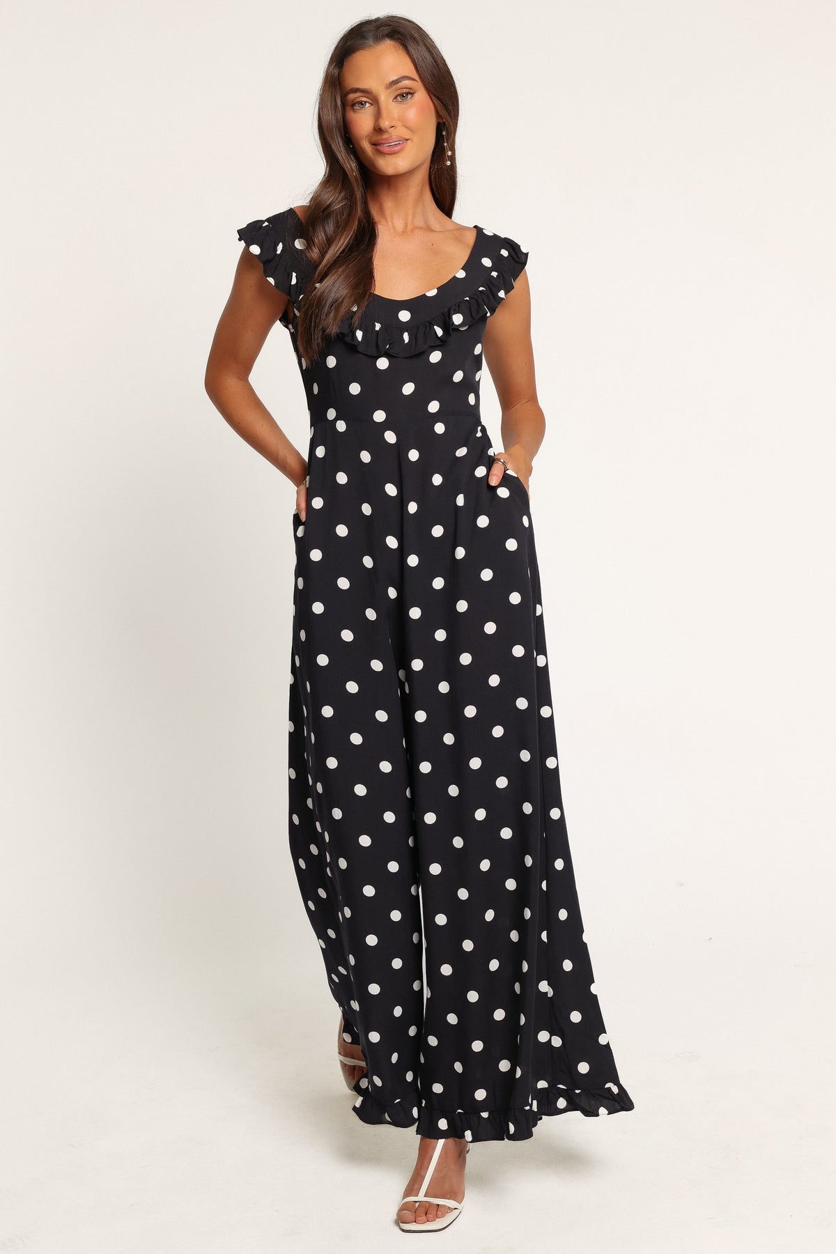 PLAYSUITS Nikki Frill Neck Jumpsuit - Black Polka Dot