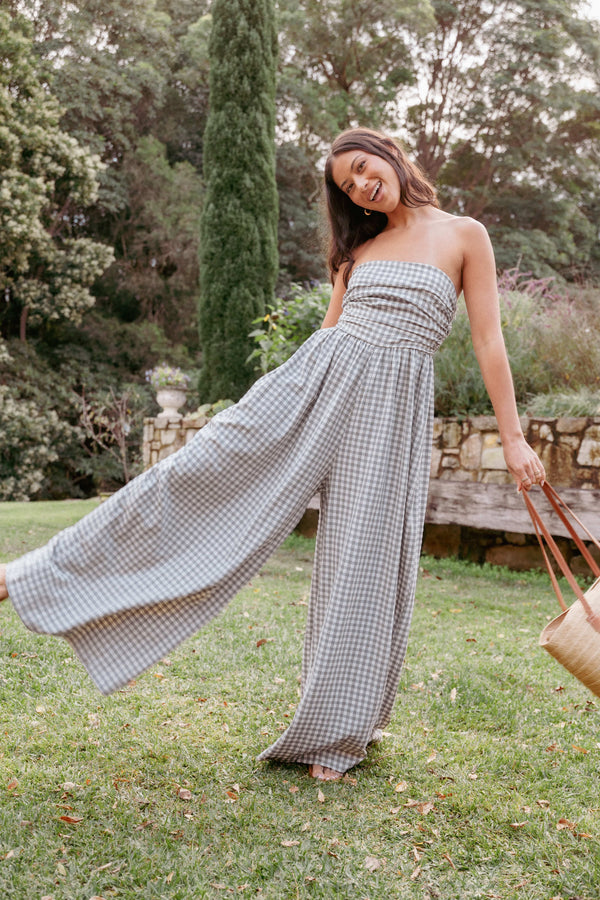 PLAYSUITS Paige Strapless Jumpsuit - Black White Gingham