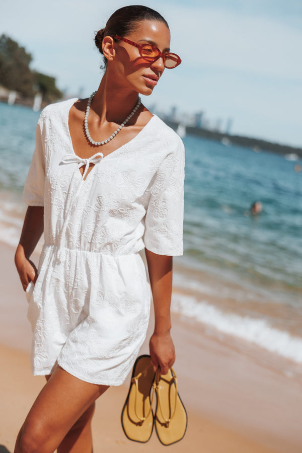 PLAYSUITS Portia Short Sleeve Playsuit - White