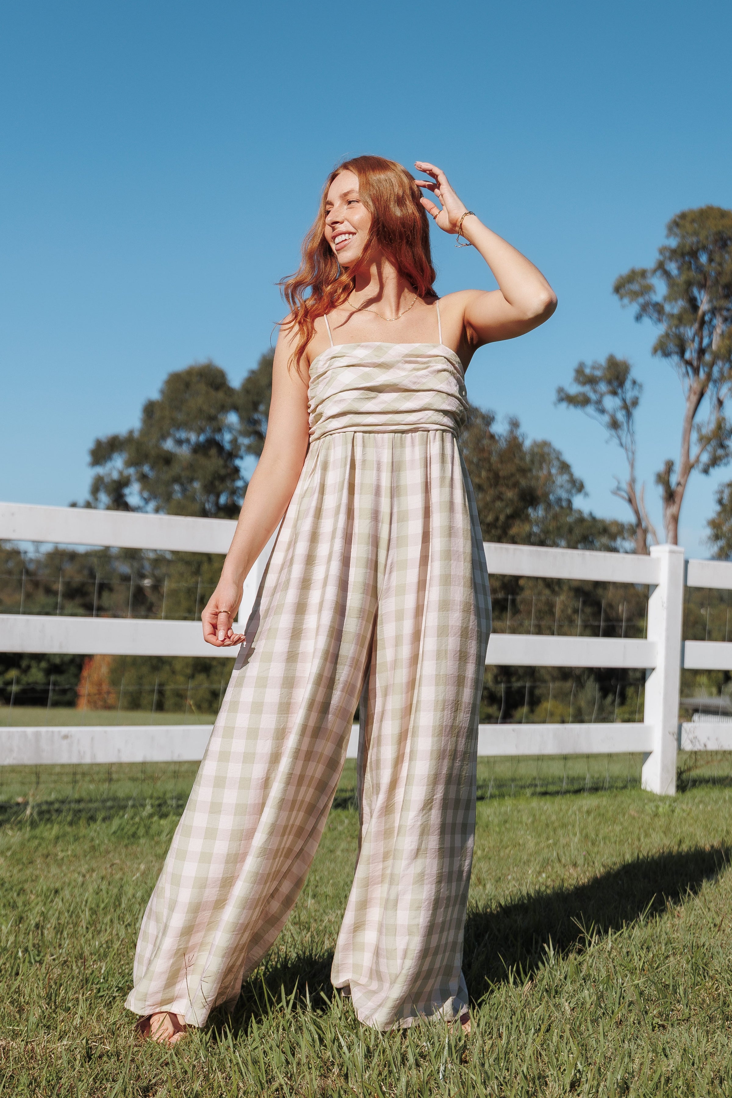 PLAYSUITS Pricilla Jumpsuit - Green/Pink Gingham